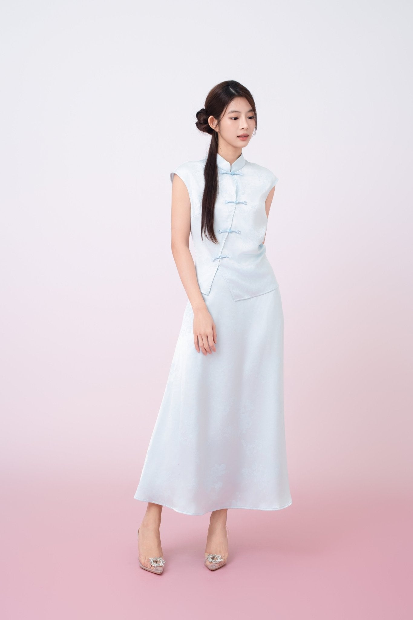 Kaylie Light Blue Jacquard A - Line Midi Skirt - Nimisski