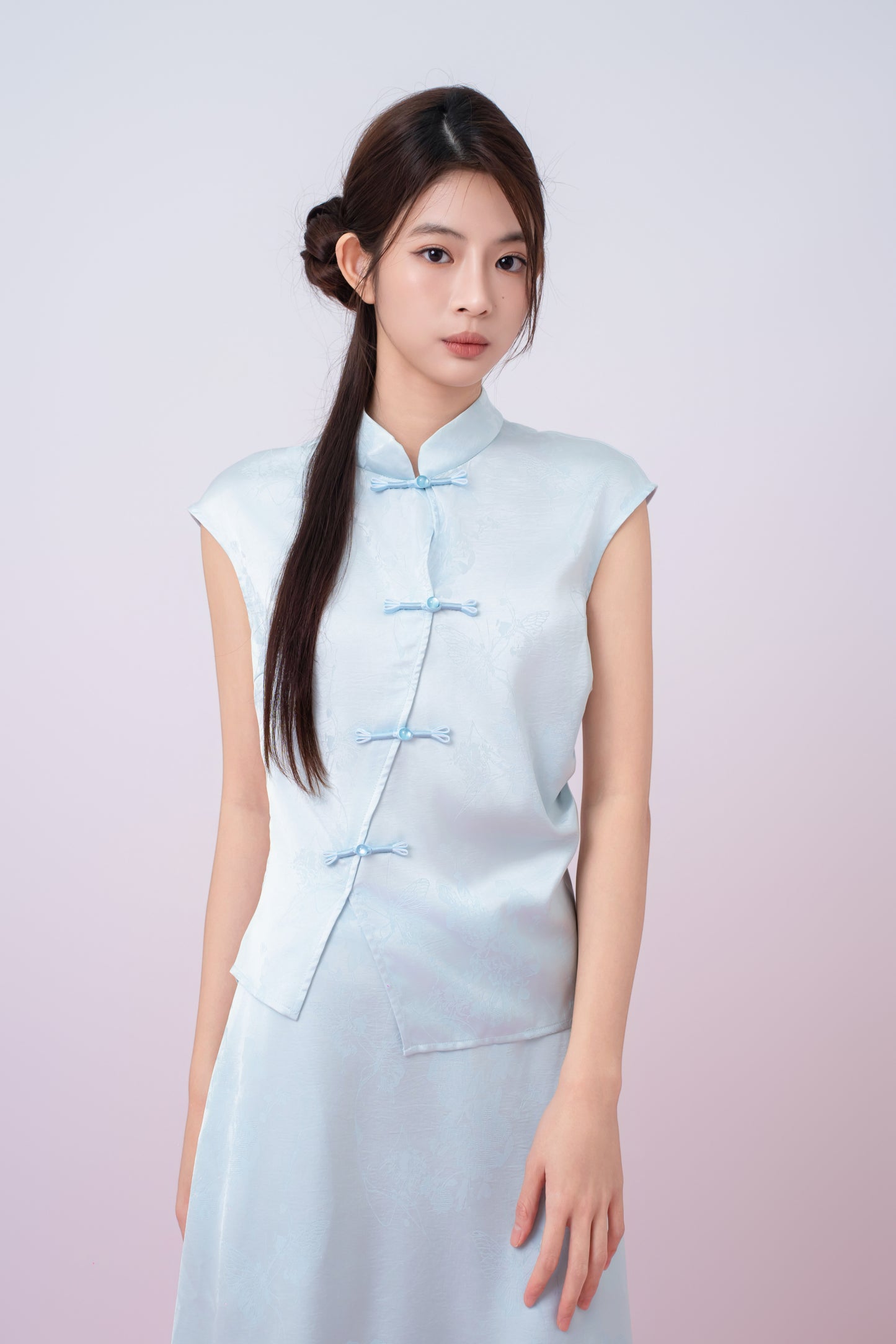 Kaylie Light Blue Jacquard Asymmetrical Cheongsam Top