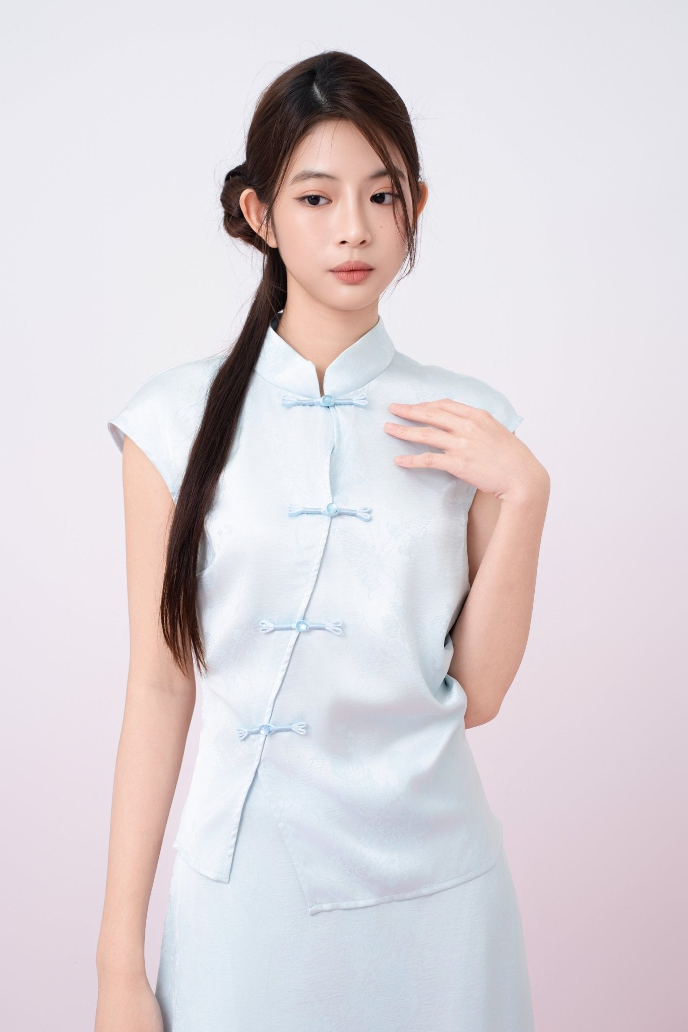 Kaylie Light Blue Jacquard Asymmetrical Cheongsam Top - Nimisski