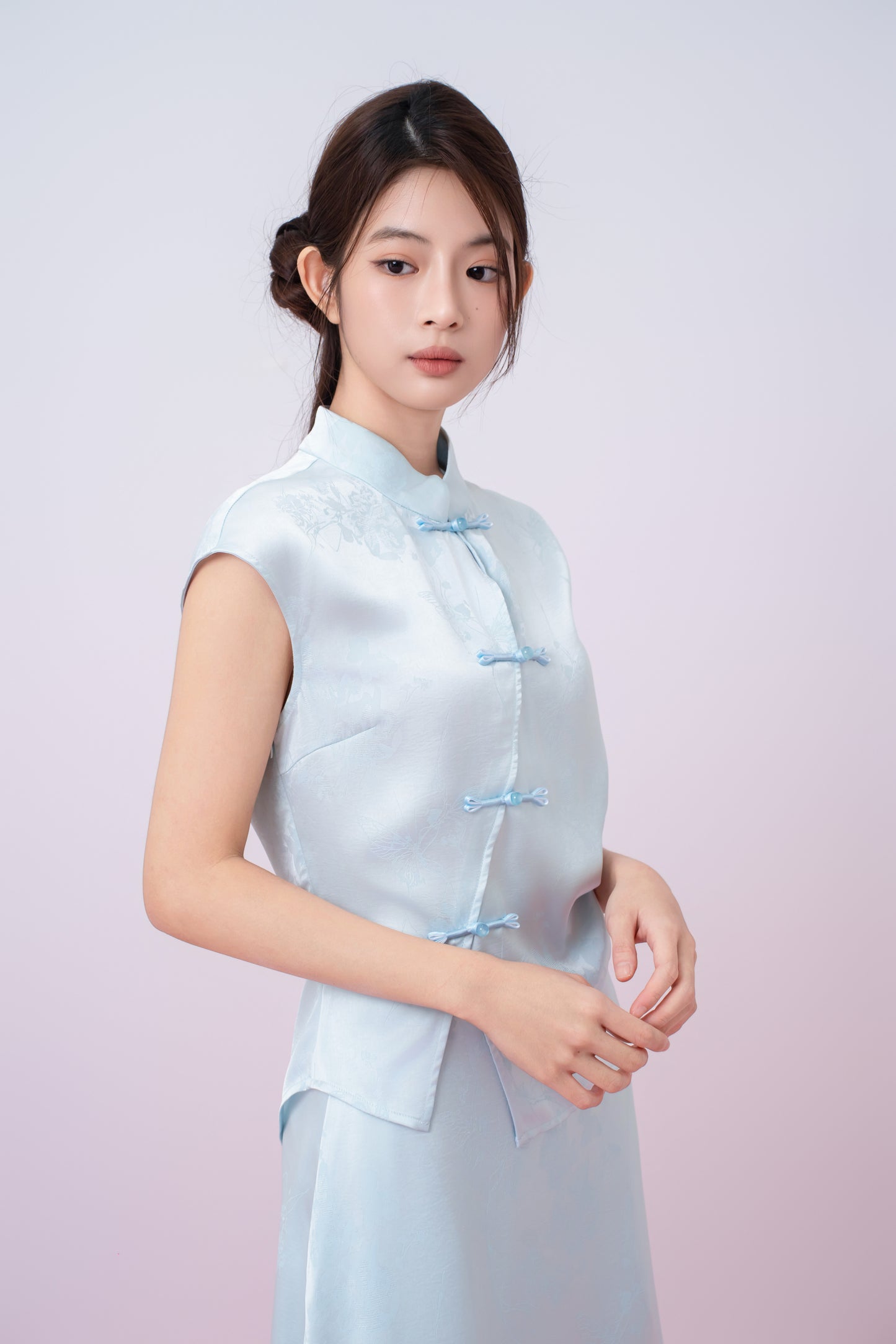 Kaylie Light Blue Jacquard Asymmetrical Cheongsam Top