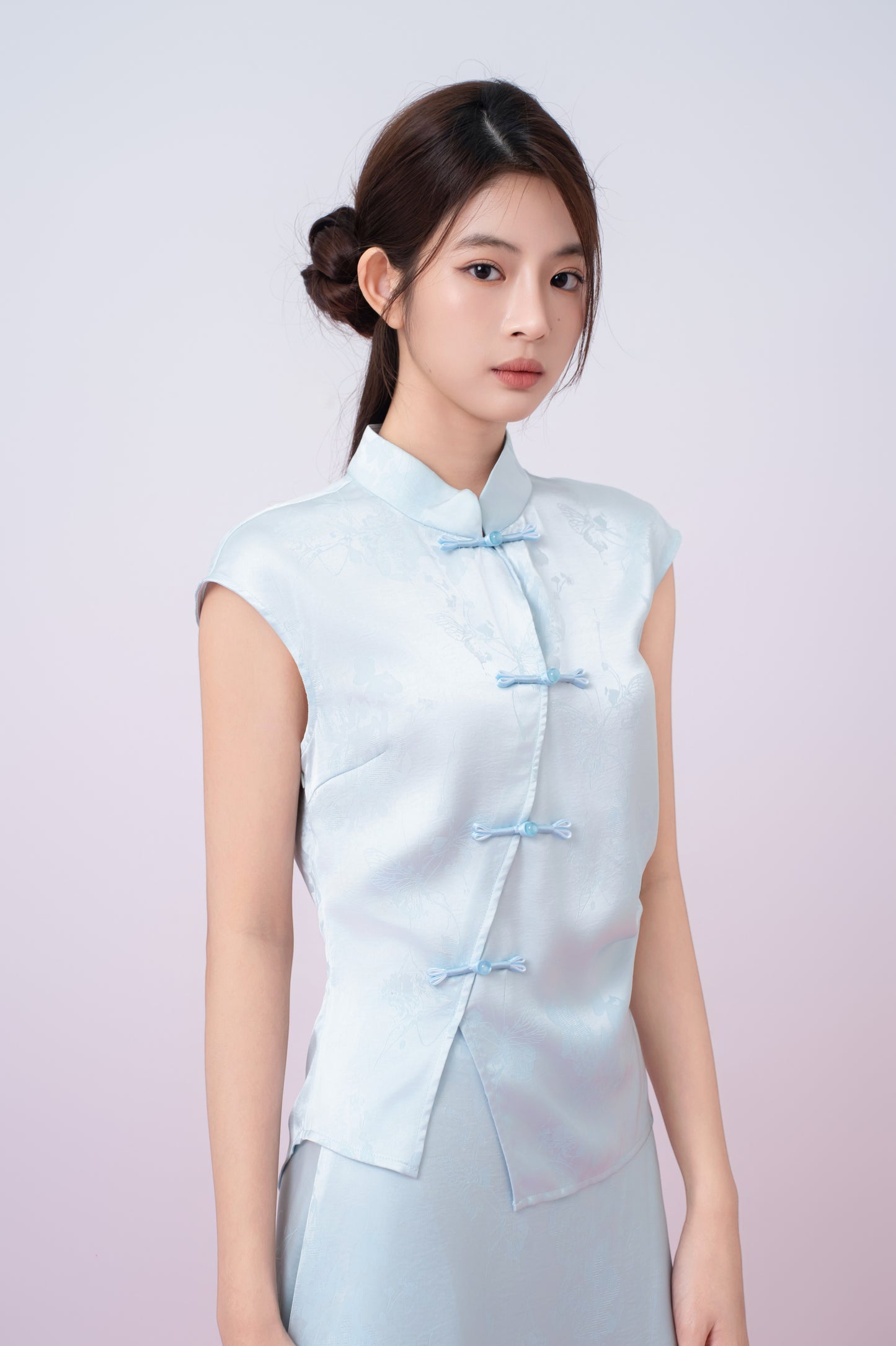 Kaylie Light Blue Jacquard Asymmetrical Cheongsam Top