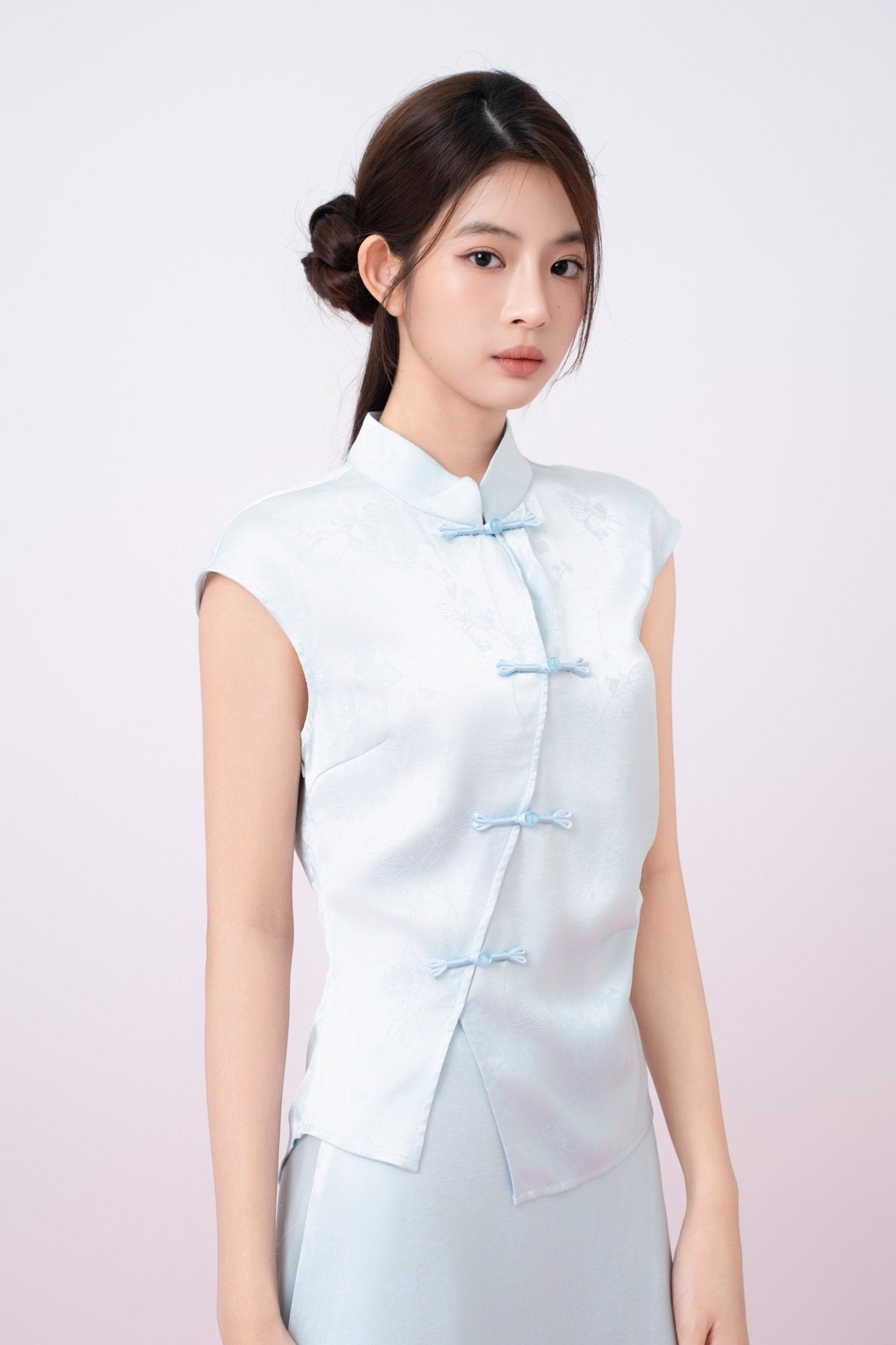 Kaylie Light Blue Jacquard Asymmetrical Cheongsam Top - Nimisski