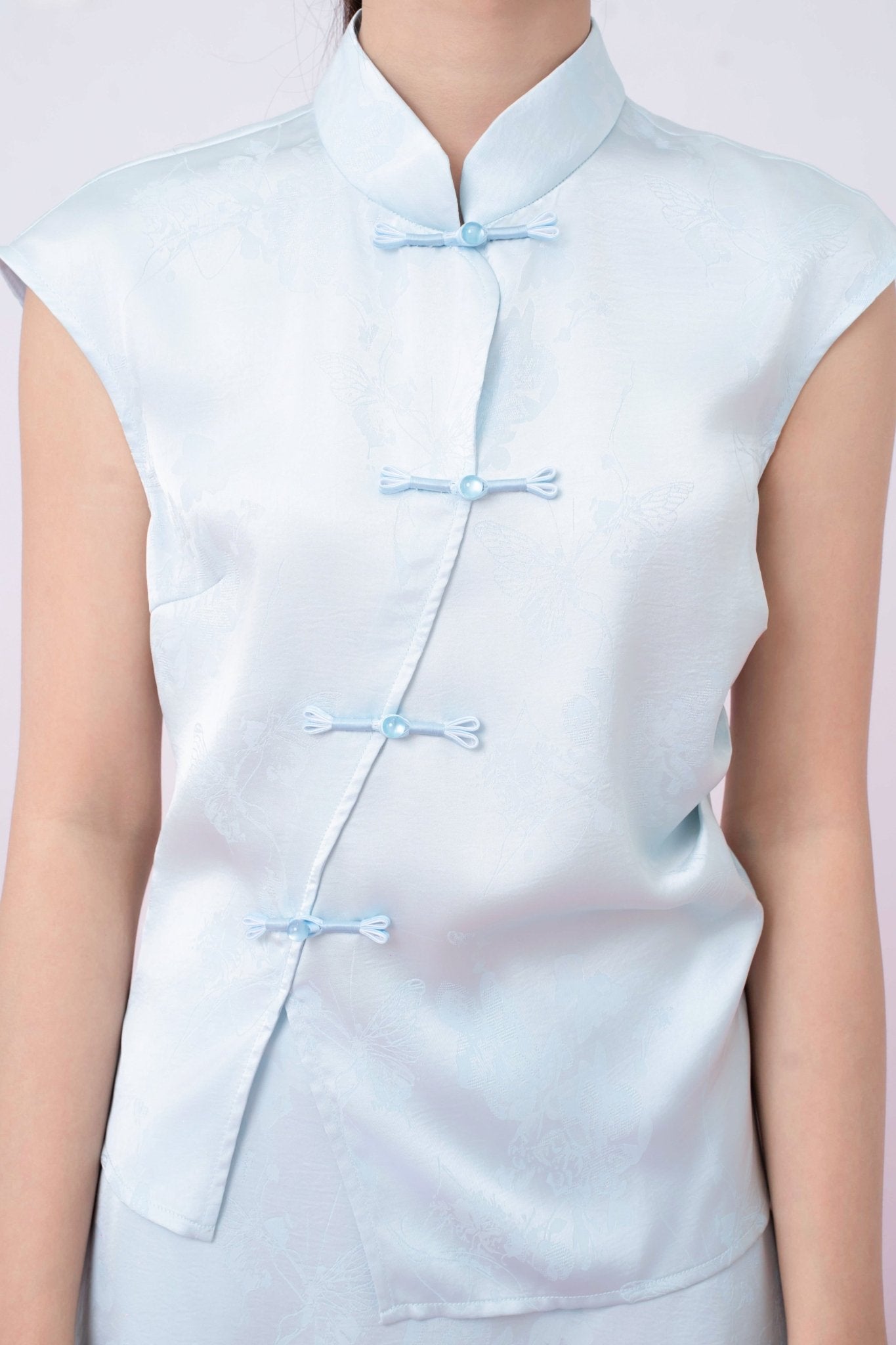 Kaylie Light Blue Jacquard Asymmetrical Cheongsam Top - Nimisski