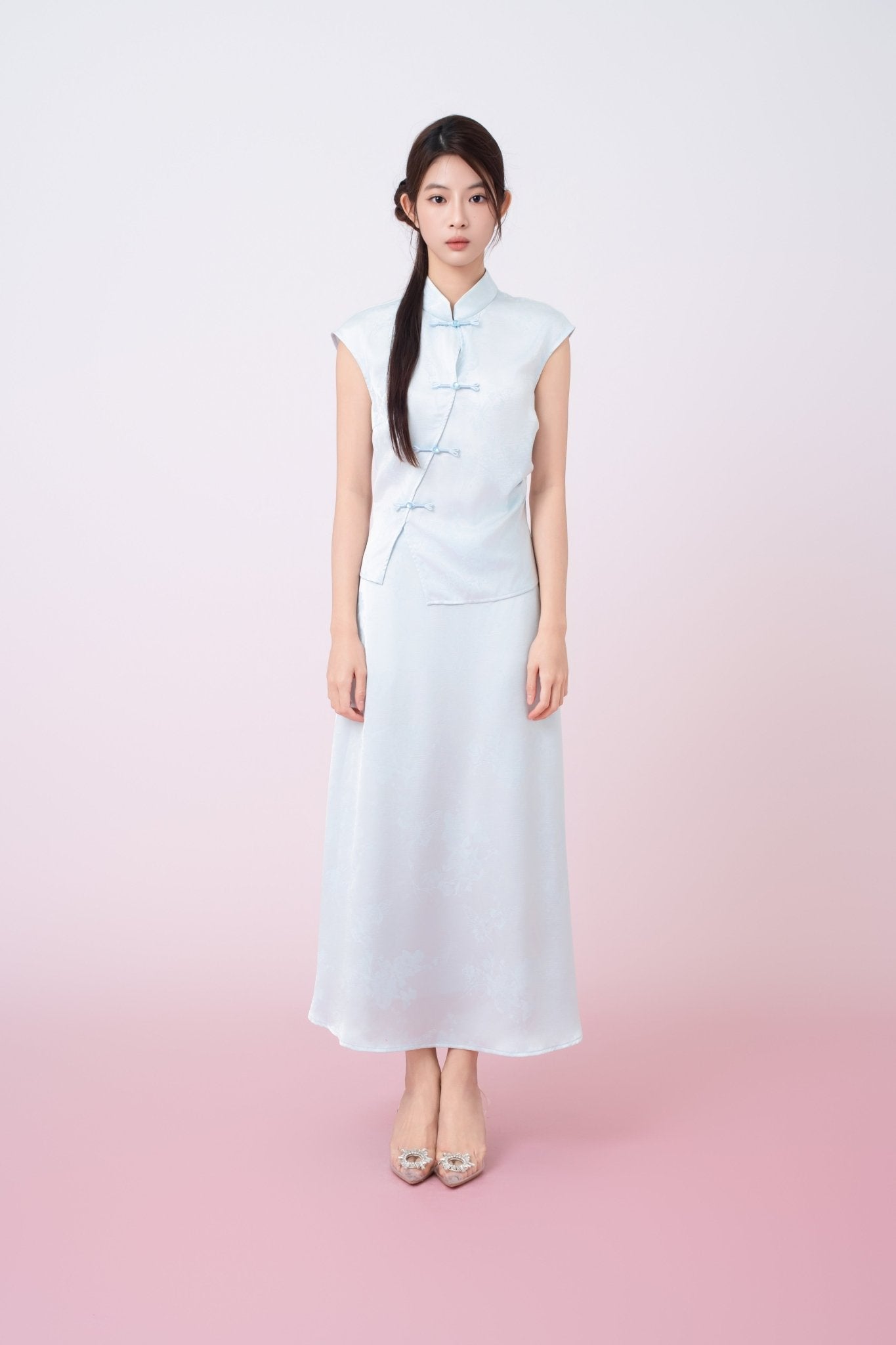 Kaylie Light Blue Jacquard Asymmetrical Cheongsam Top - Nimisski