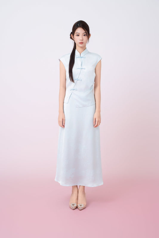 Kaylie Light Blue Jacquard Asymmetrical Cheongsam Top - Nimisski
