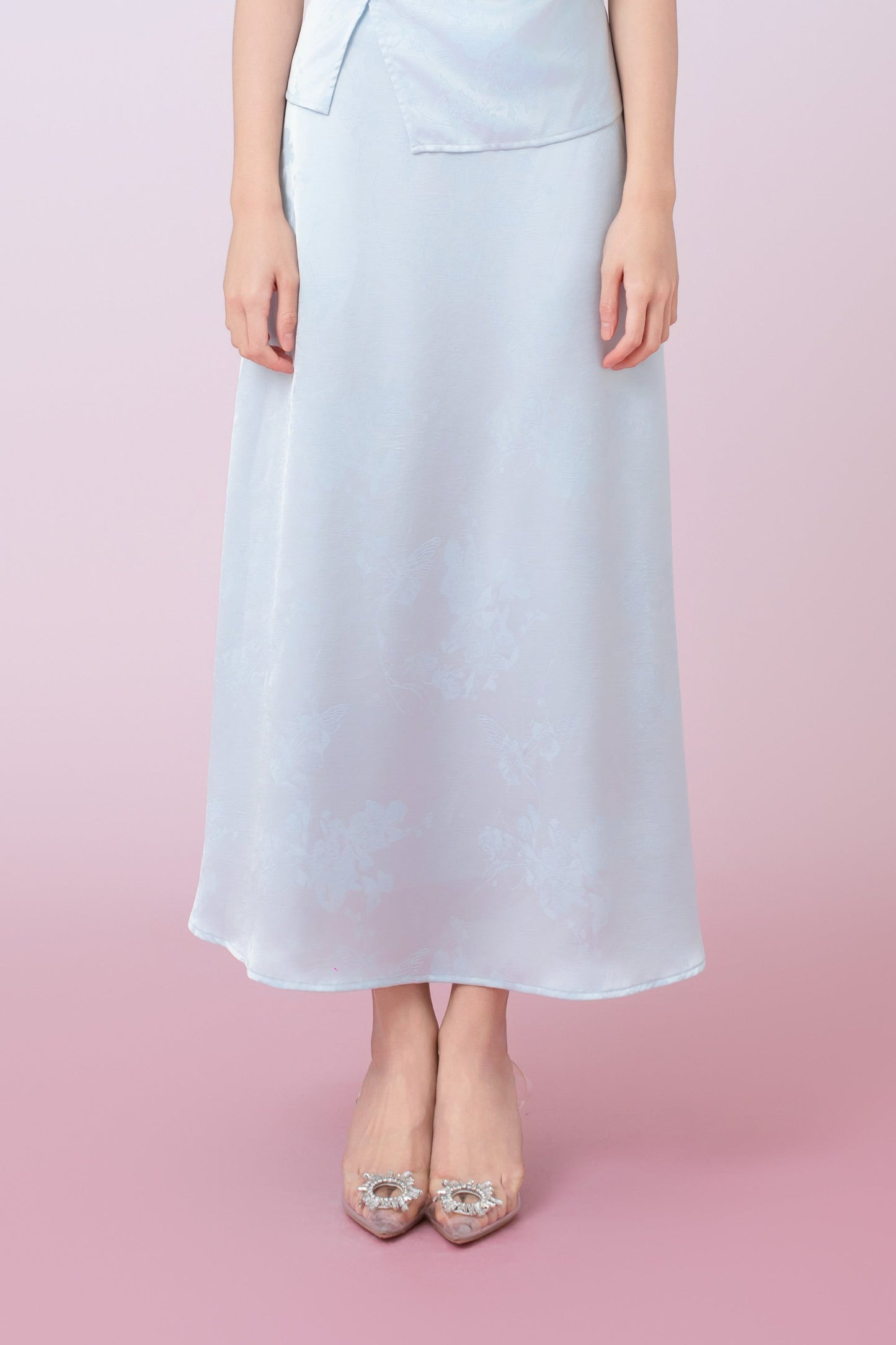 Kaylie Light Blue Jacquard A-Line Midi Skirt