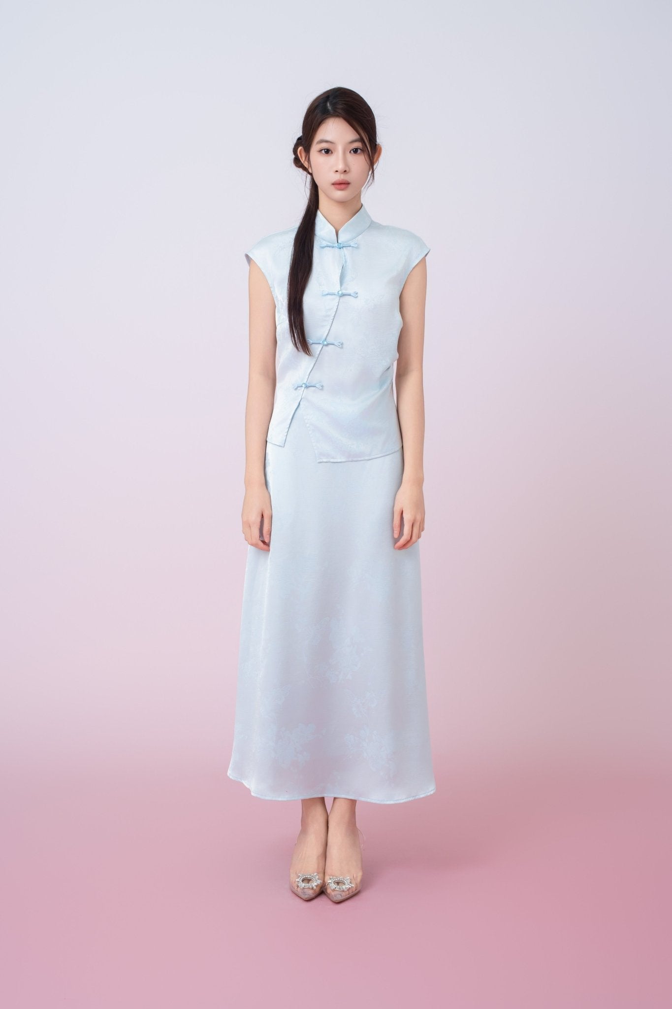 Kaylie Light Blue Jacquard A - Line Midi Skirt - Nimisski