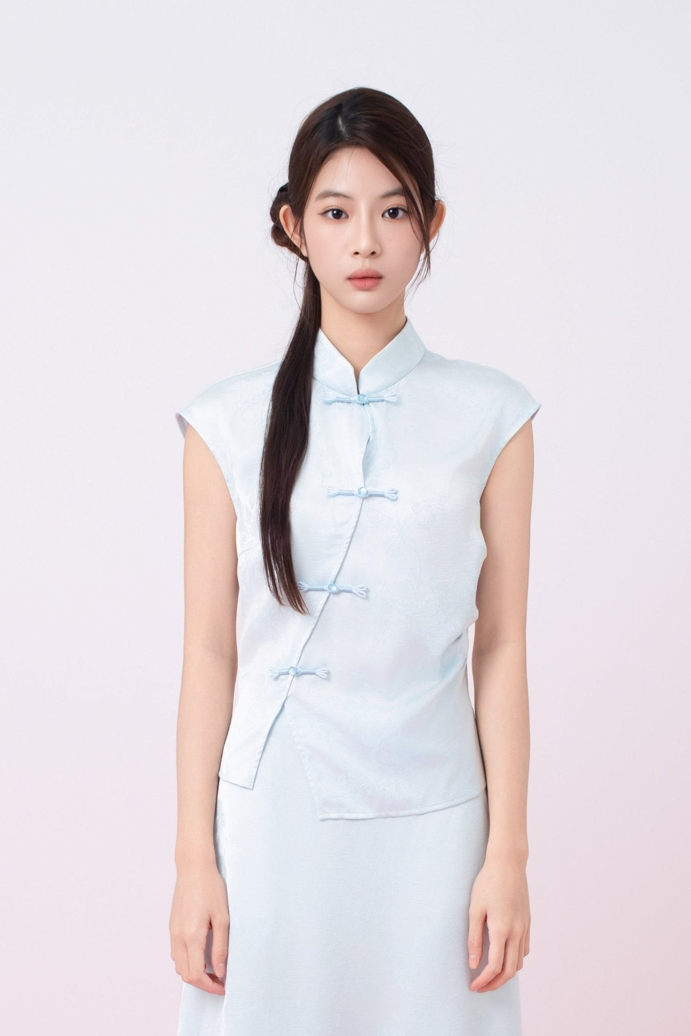 Kaylie Light Blue Jacquard Asymmetrical Cheongsam Top - Nimisski