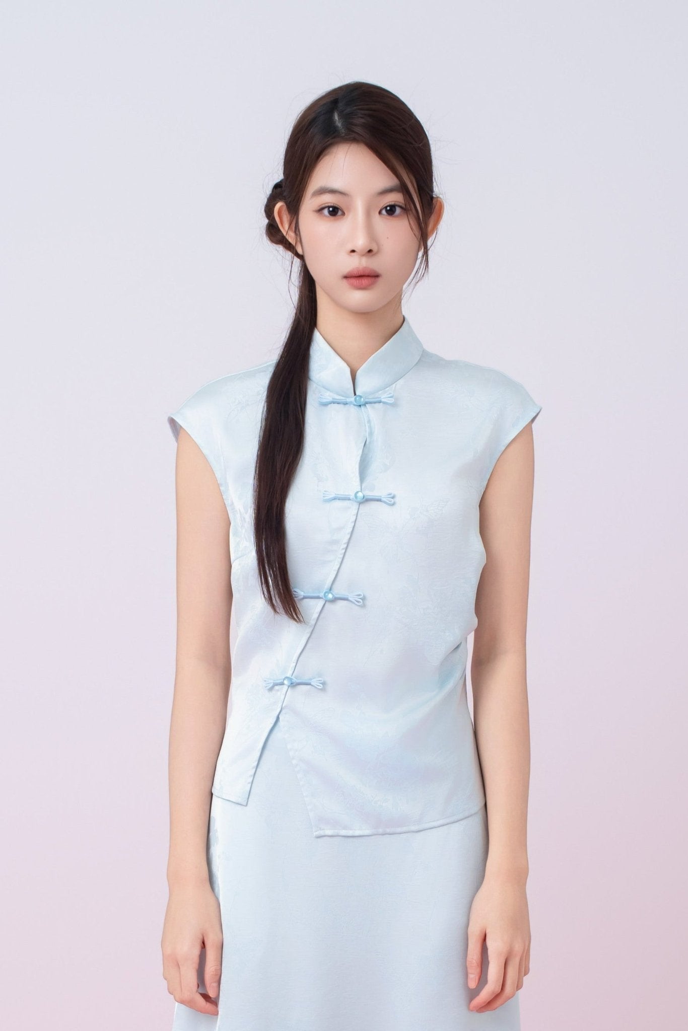Kaylie Light Blue Jacquard Asymmetrical Cheongsam Top - Nimisski