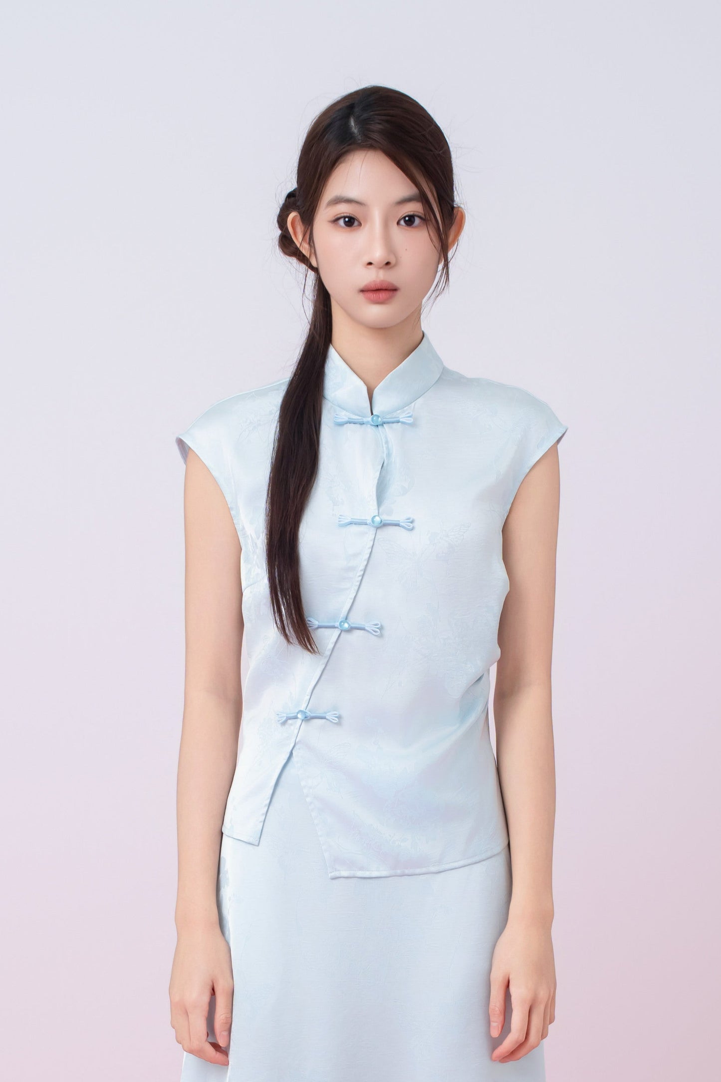 Kaylie Light Blue Jacquard Asymmetrical Cheongsam Top