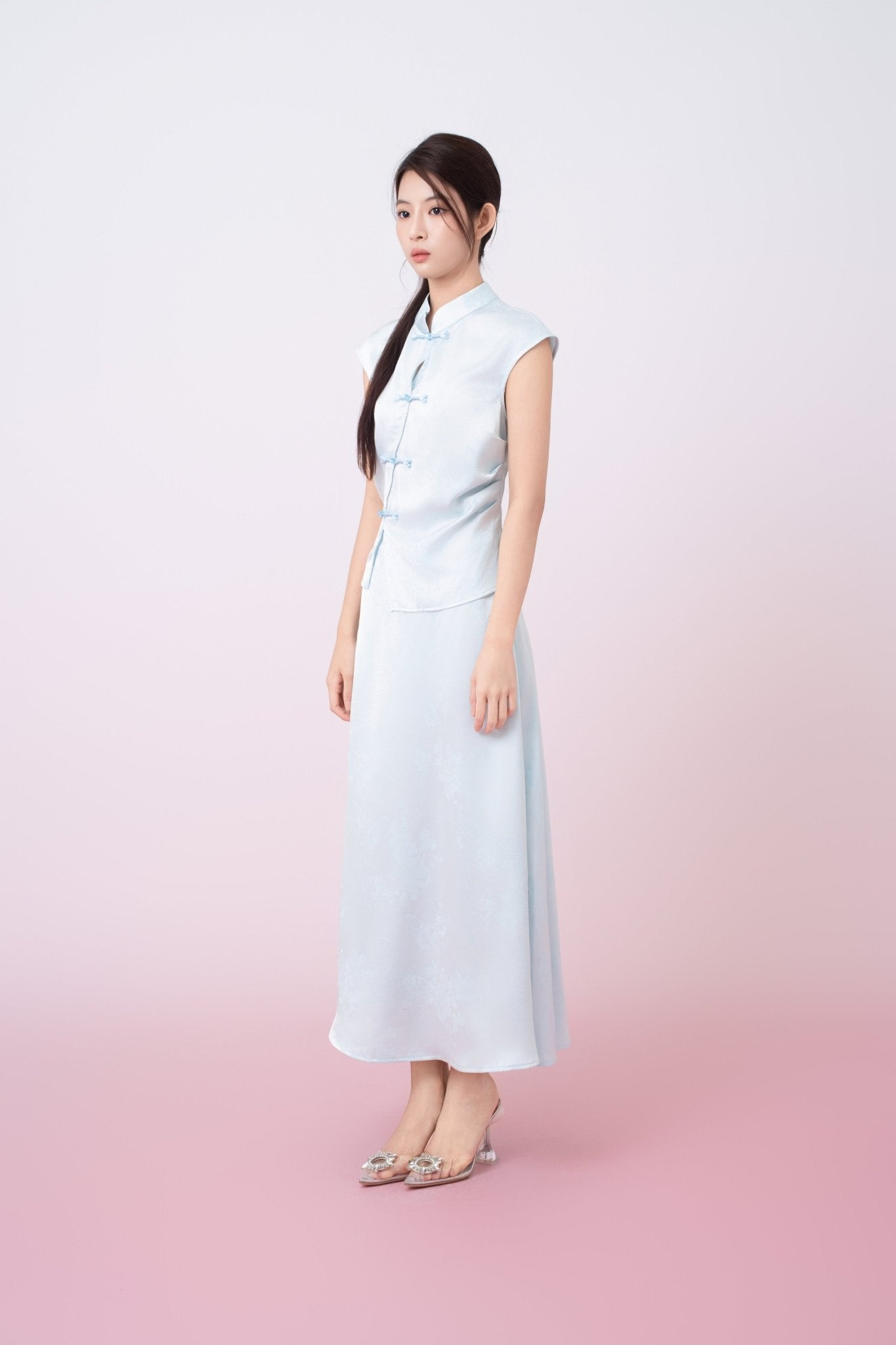 Kaylie Light Blue Jacquard Asymmetrical Cheongsam Top - Nimisski