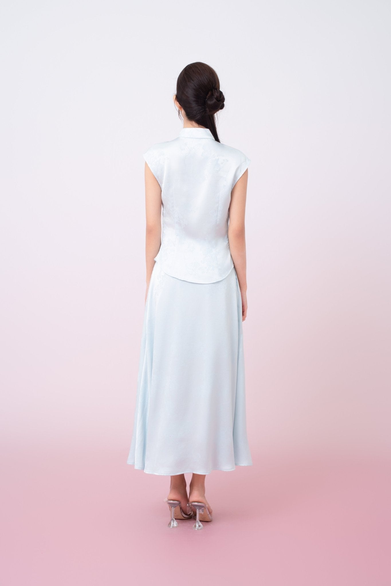 Kaylie Light Blue Jacquard Asymmetrical Cheongsam Top - Nimisski