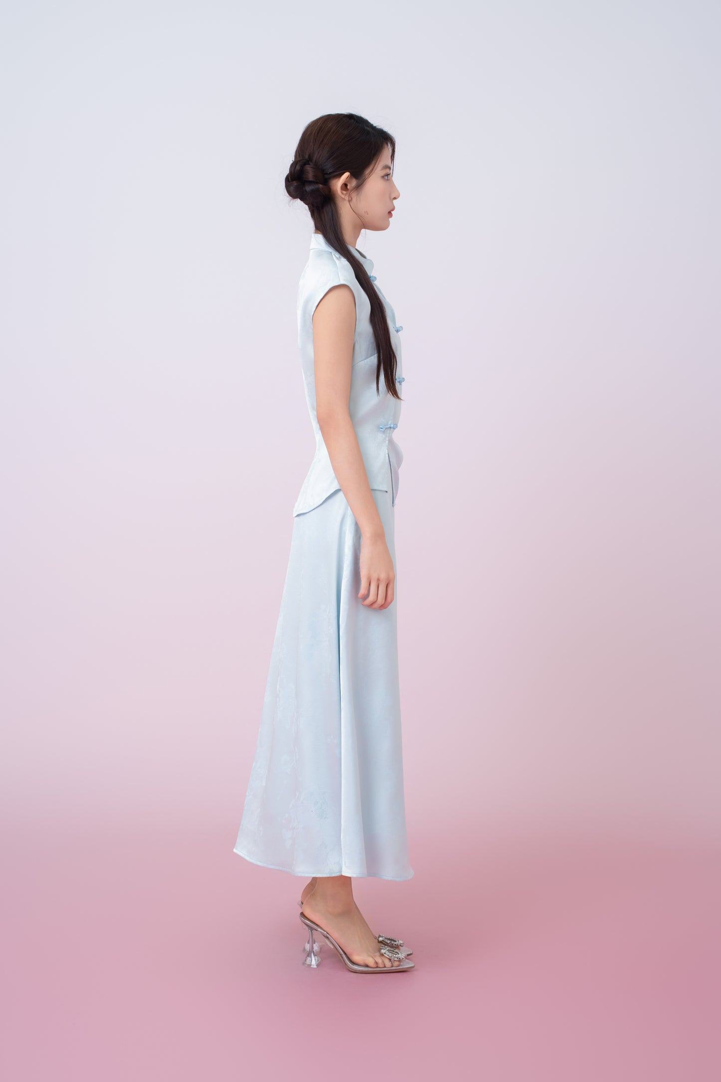 Kaylie Light Blue Jacquard A-Line Midi Skirt