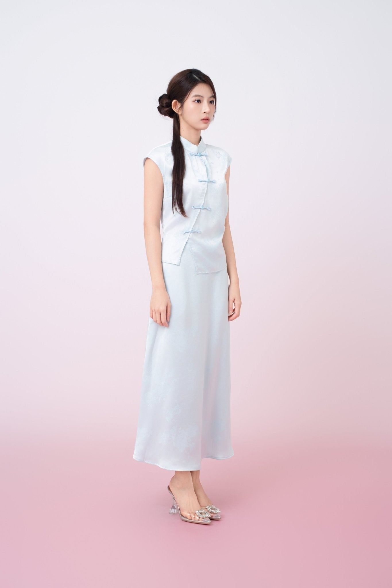 Kaylie Light Blue Jacquard Asymmetrical Cheongsam Top - Nimisski