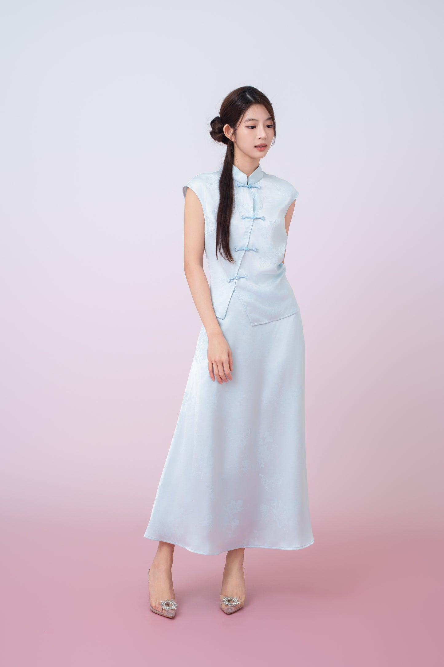 Kaylie Light Blue Jacquard A-Line Midi Skirt