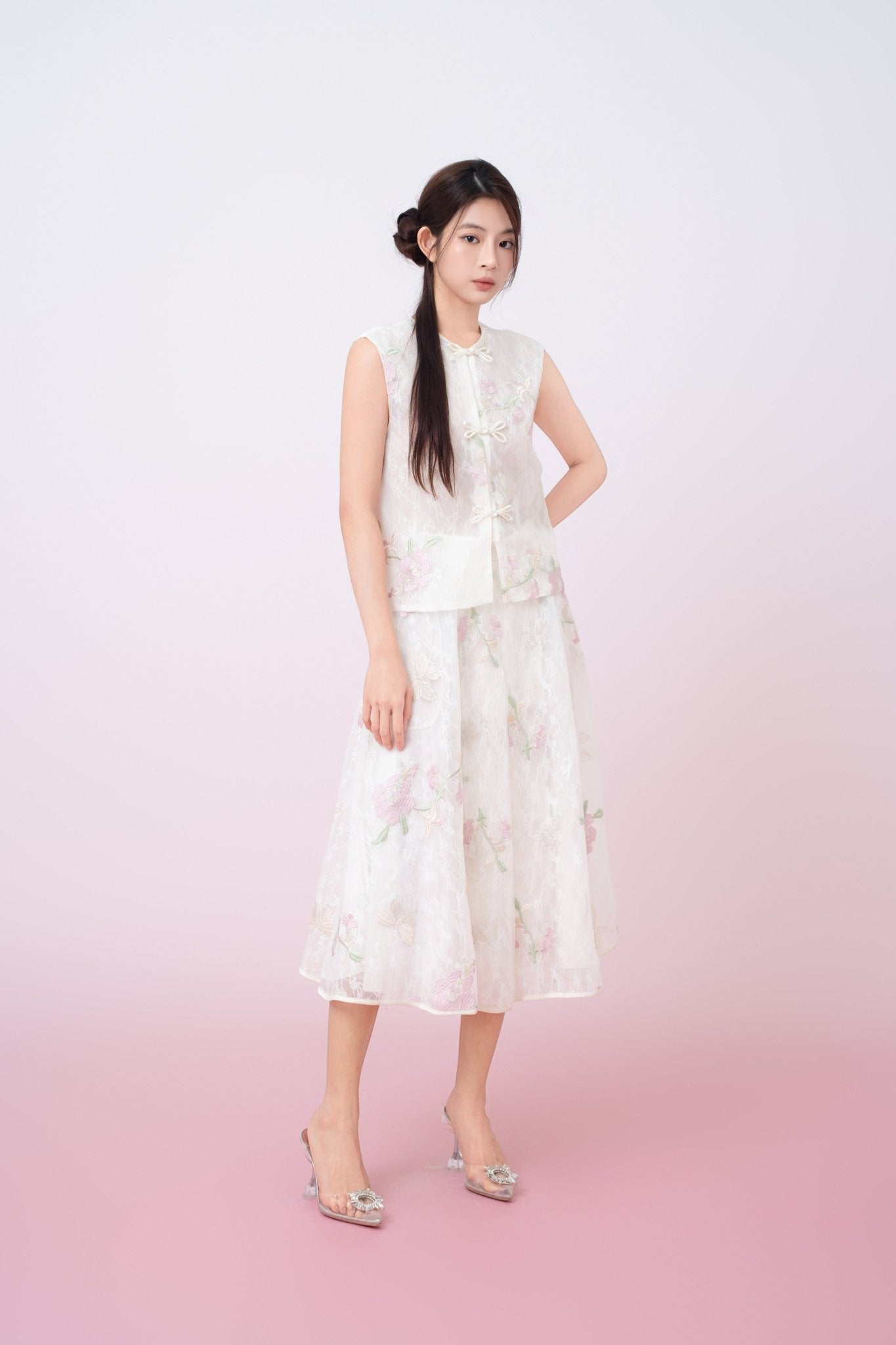 Kiera Ivory Floral Embroidery A - Line Skirt - Nimisski