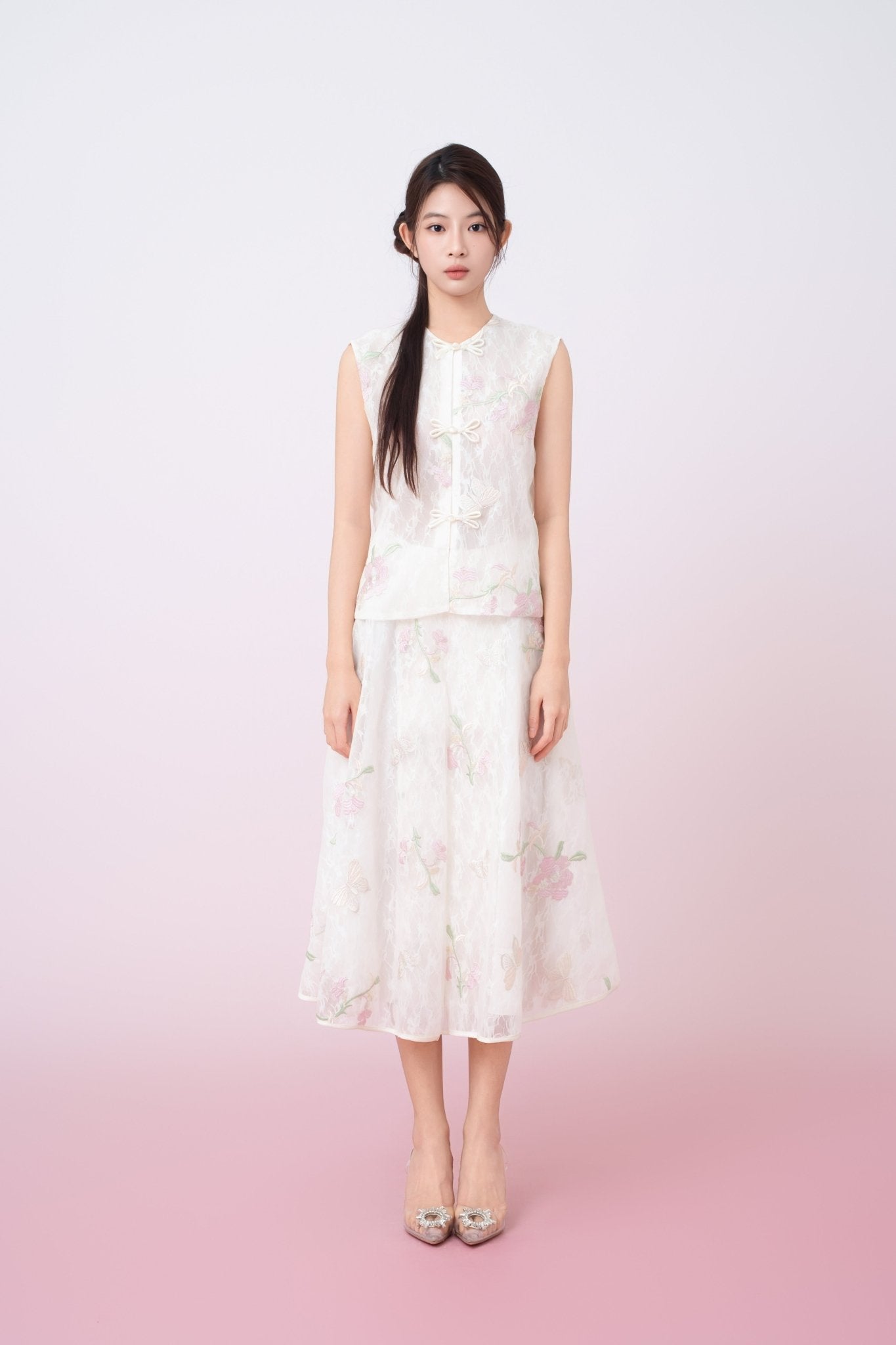 Kiera Ivory Floral Embroidery A - Line Skirt - Nimisski