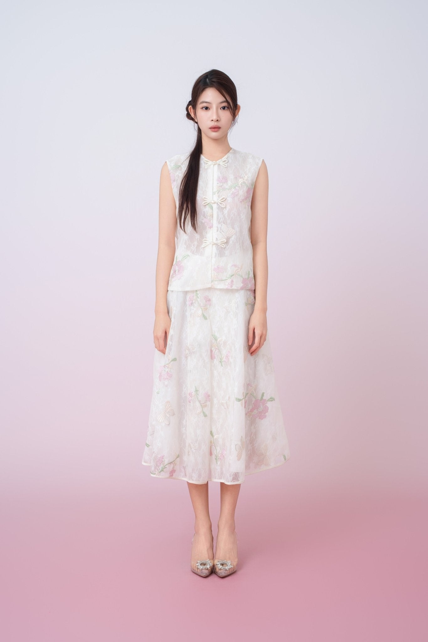 Kiera Ivory Floral Embroidery A - Line Skirt - Nimisski