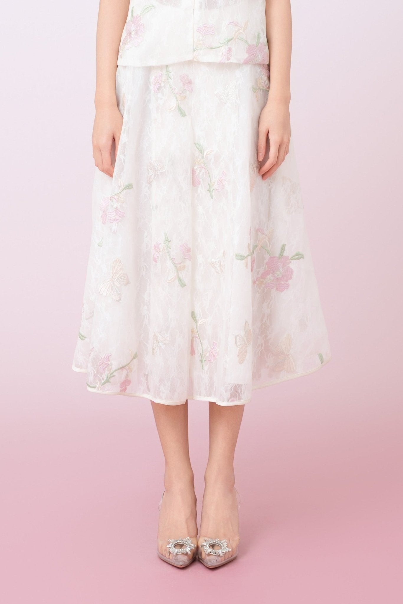 Kiera Ivory Floral Embroidery A - Line Skirt - Nimisski