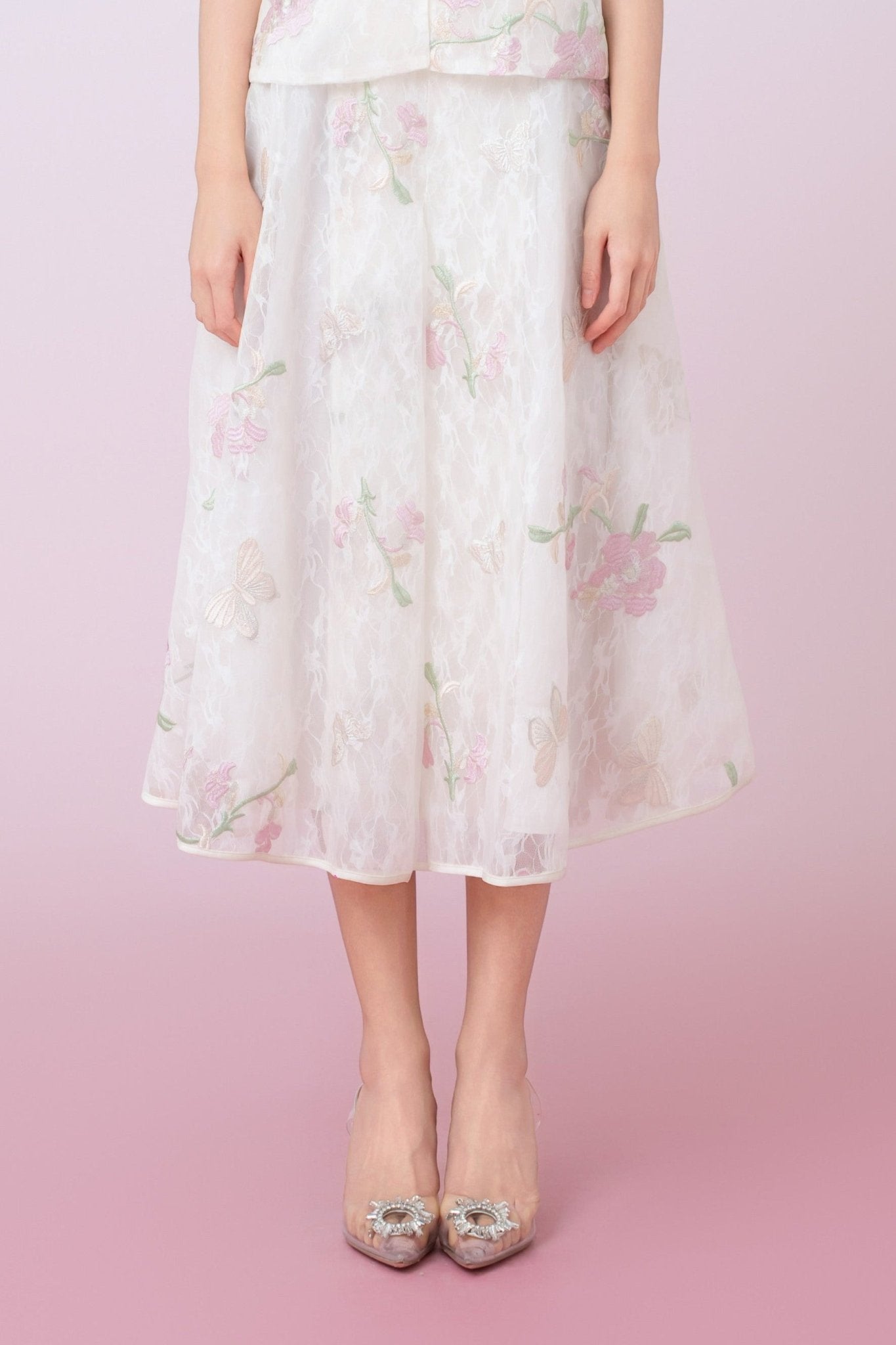 Kiera Ivory Floral Embroidery A - Line Skirt - Nimisski