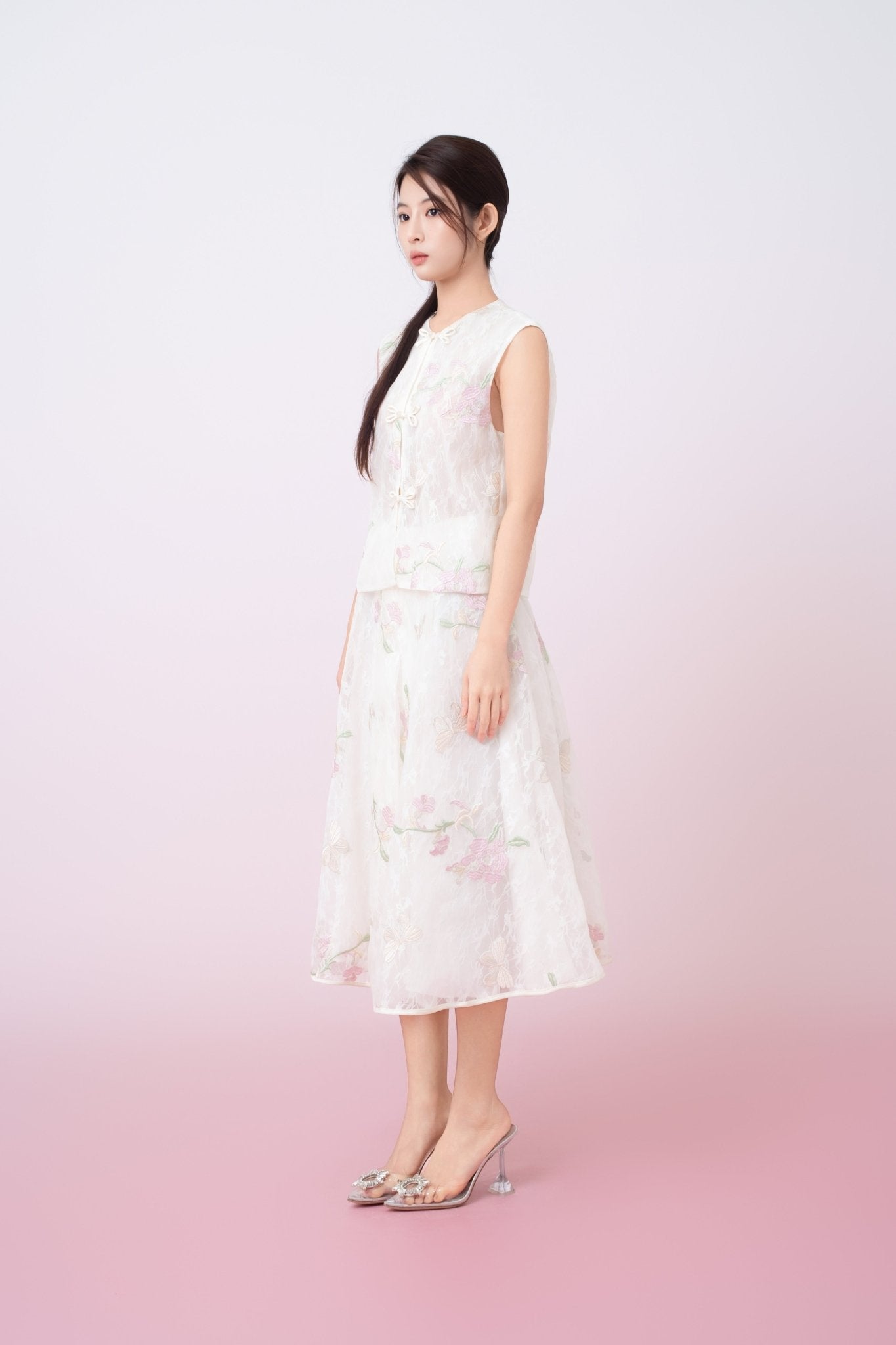 Kiera Ivory Floral Embroidery A - Line Skirt - Nimisski