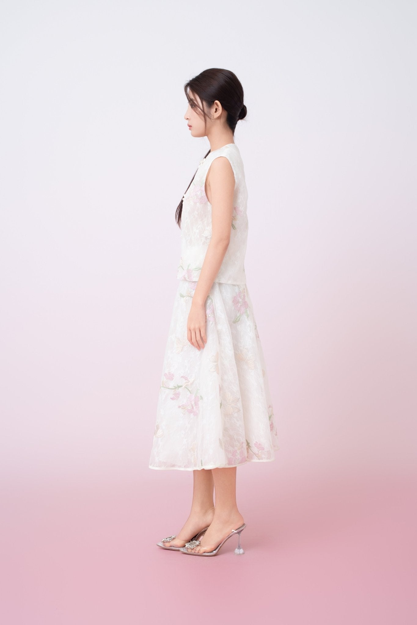 Kiera Ivory Floral Embroidery A - Line Skirt - Nimisski