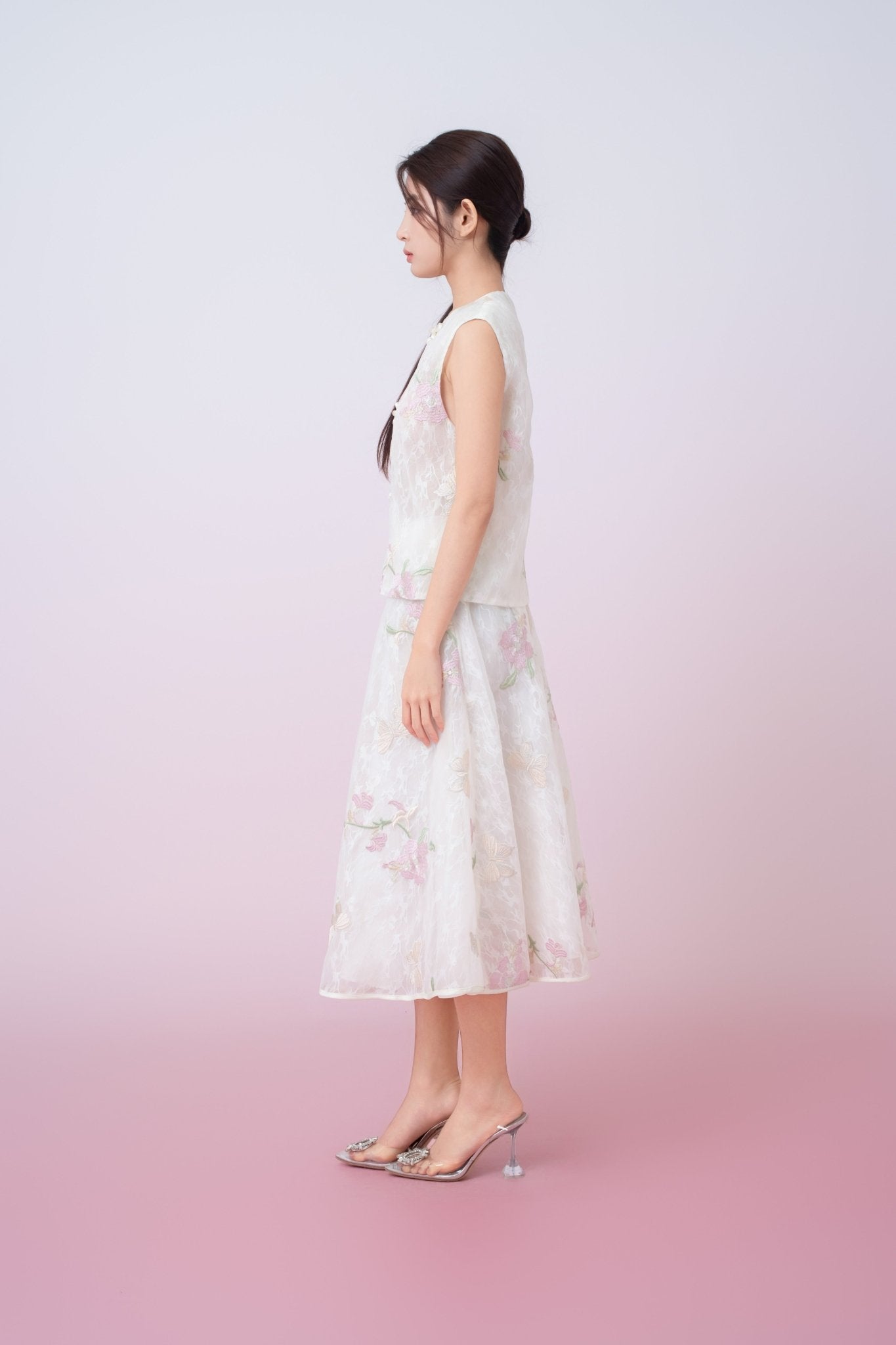 Kiera Ivory Floral Embroidery A - Line Skirt - Nimisski