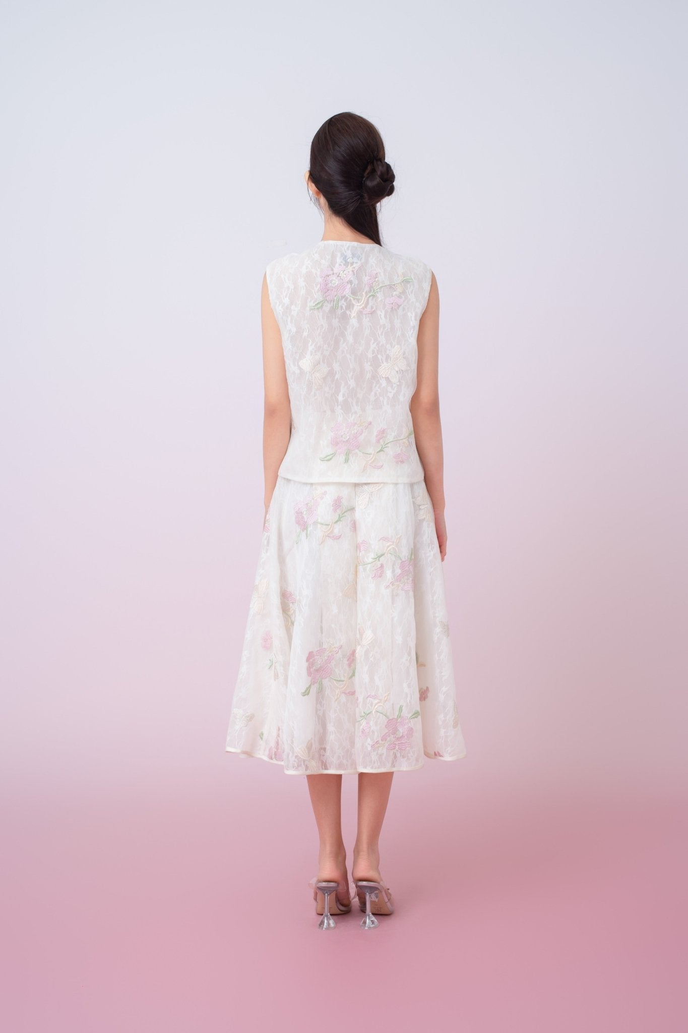 Kiera Ivory Floral Embroidery A - Line Skirt - Nimisski