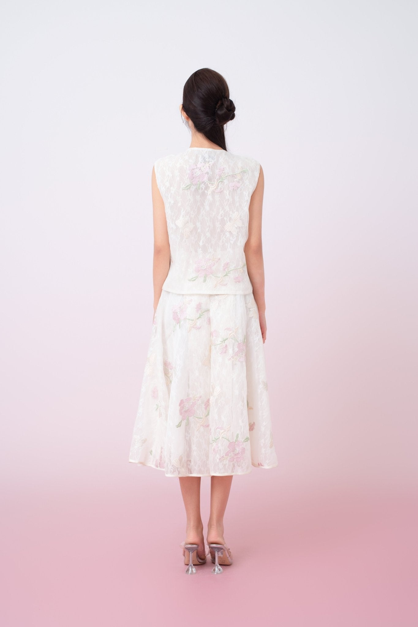 Kiera Ivory Floral Embroidery A - Line Skirt - Nimisski
