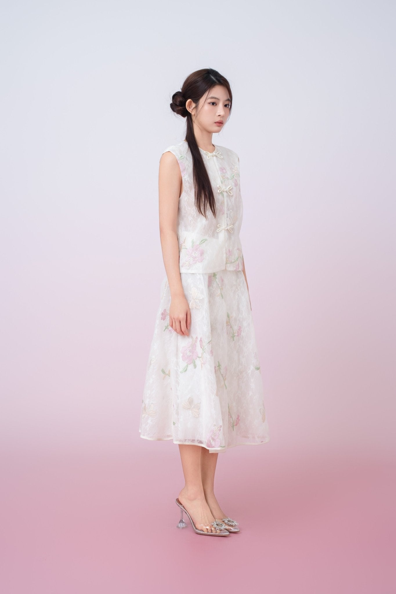 Kiera Ivory Floral Embroidery A - Line Skirt - Nimisski