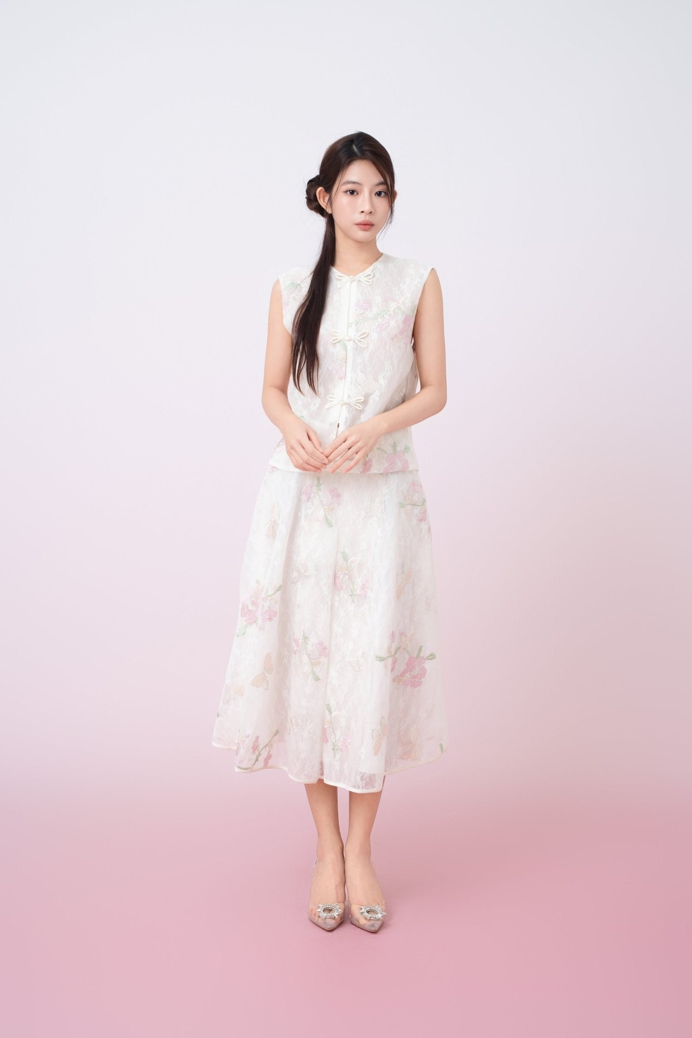 Kiera Ivory Floral Embroidery A - Line Skirt - Nimisski