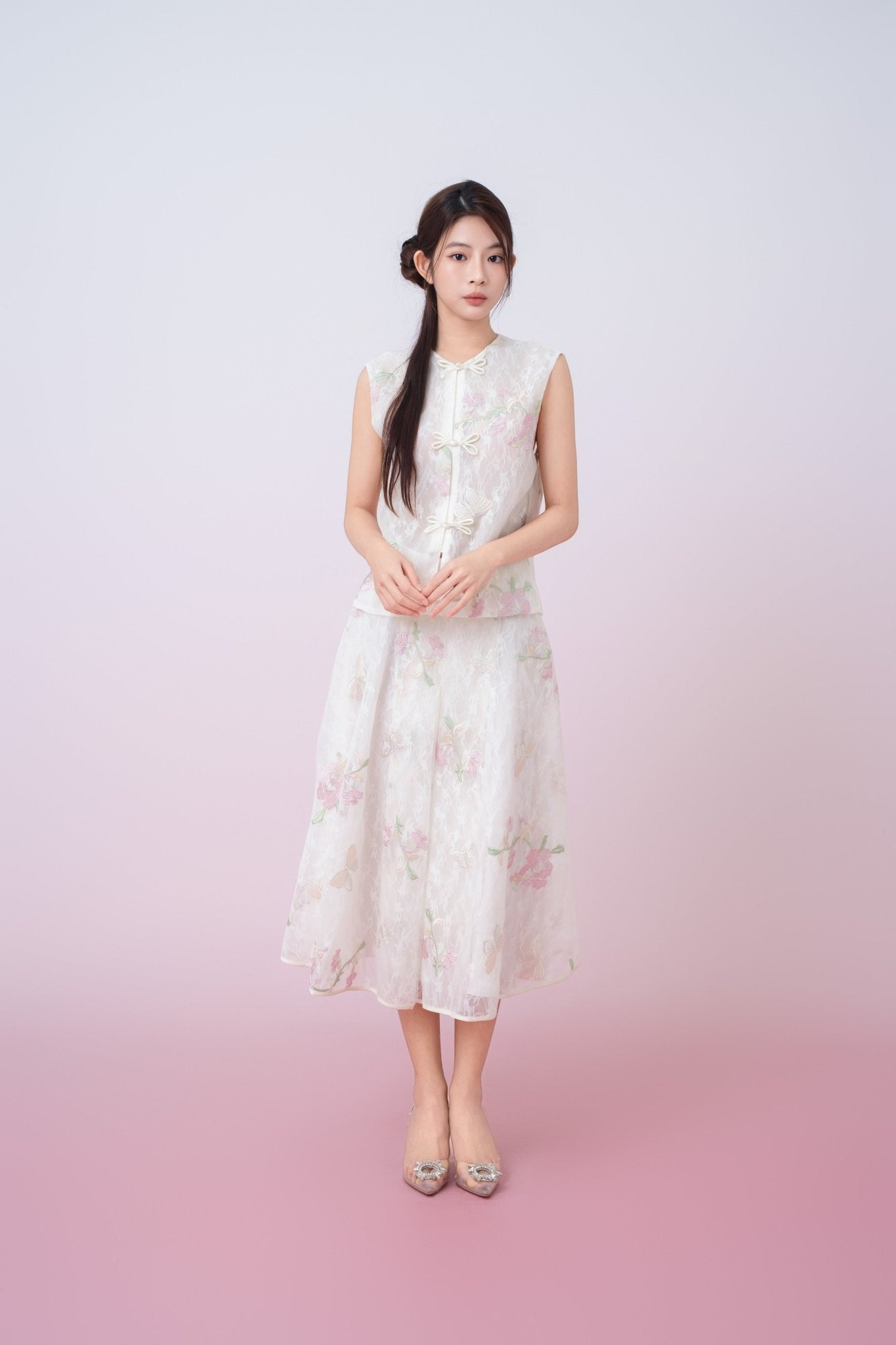 Kiera Ivory Floral Embroidery A - Line Skirt - Nimisski