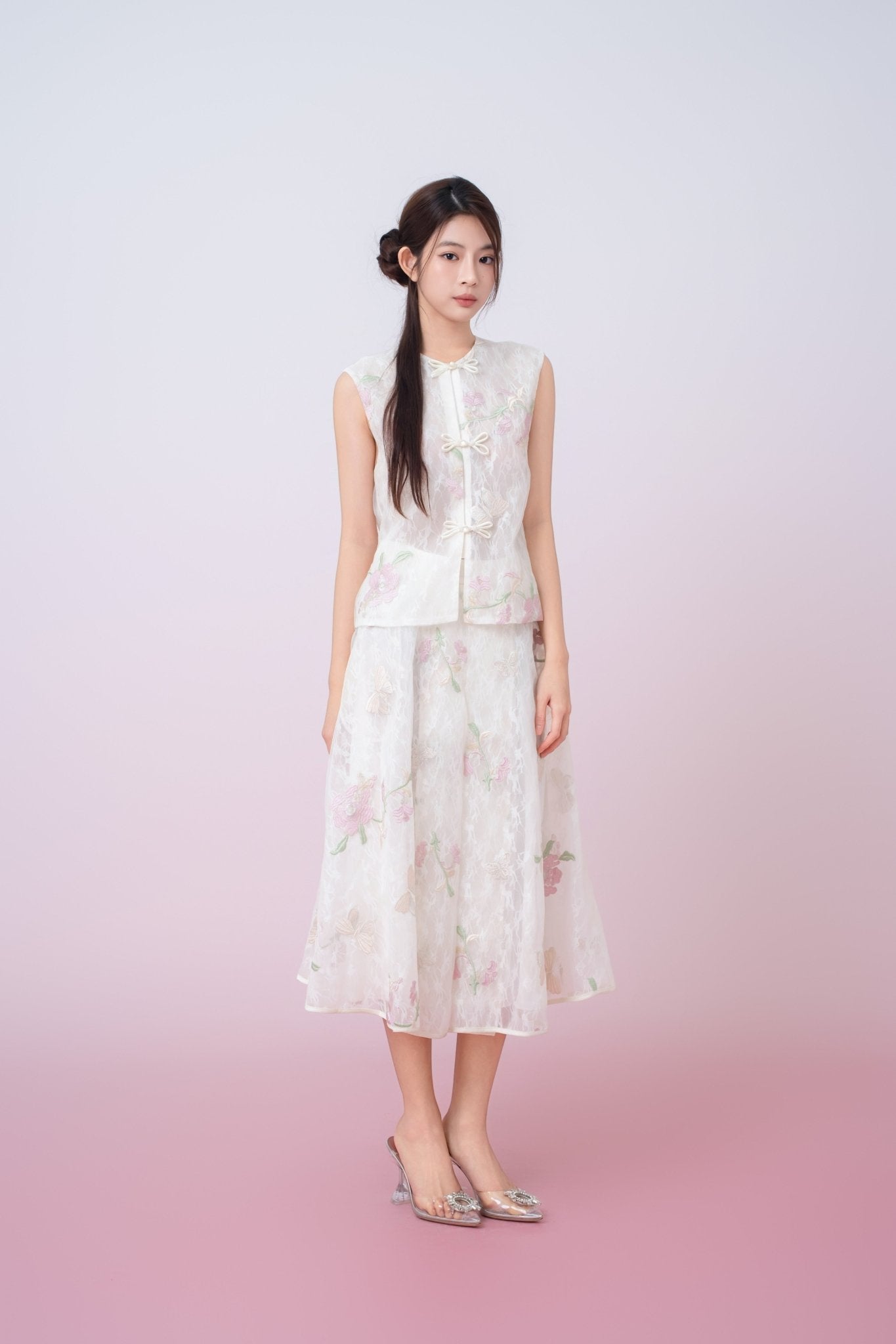 Kiera Ivory Floral Embroidery A - Line Skirt - Nimisski