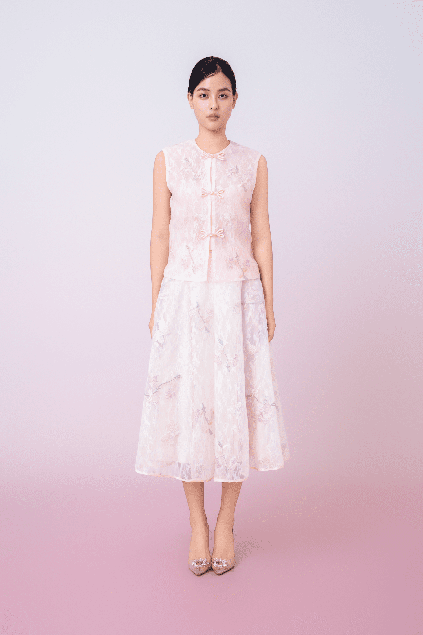 Kiera Light Pink Floral Embroidery A - Line Skirt - Nimisski