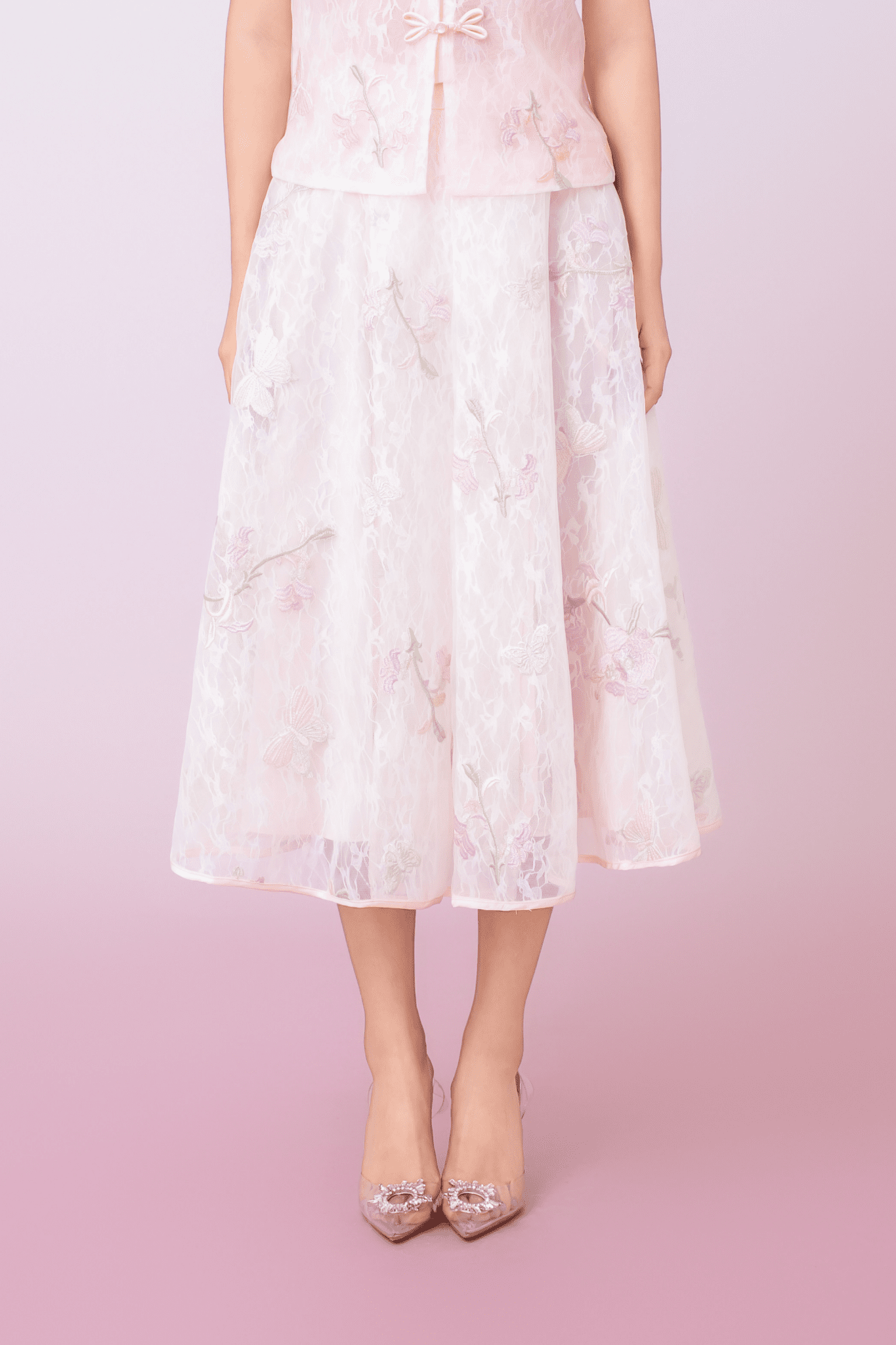 Kiera Light Pink Floral Embroidery A - Line Skirt - Nimisski