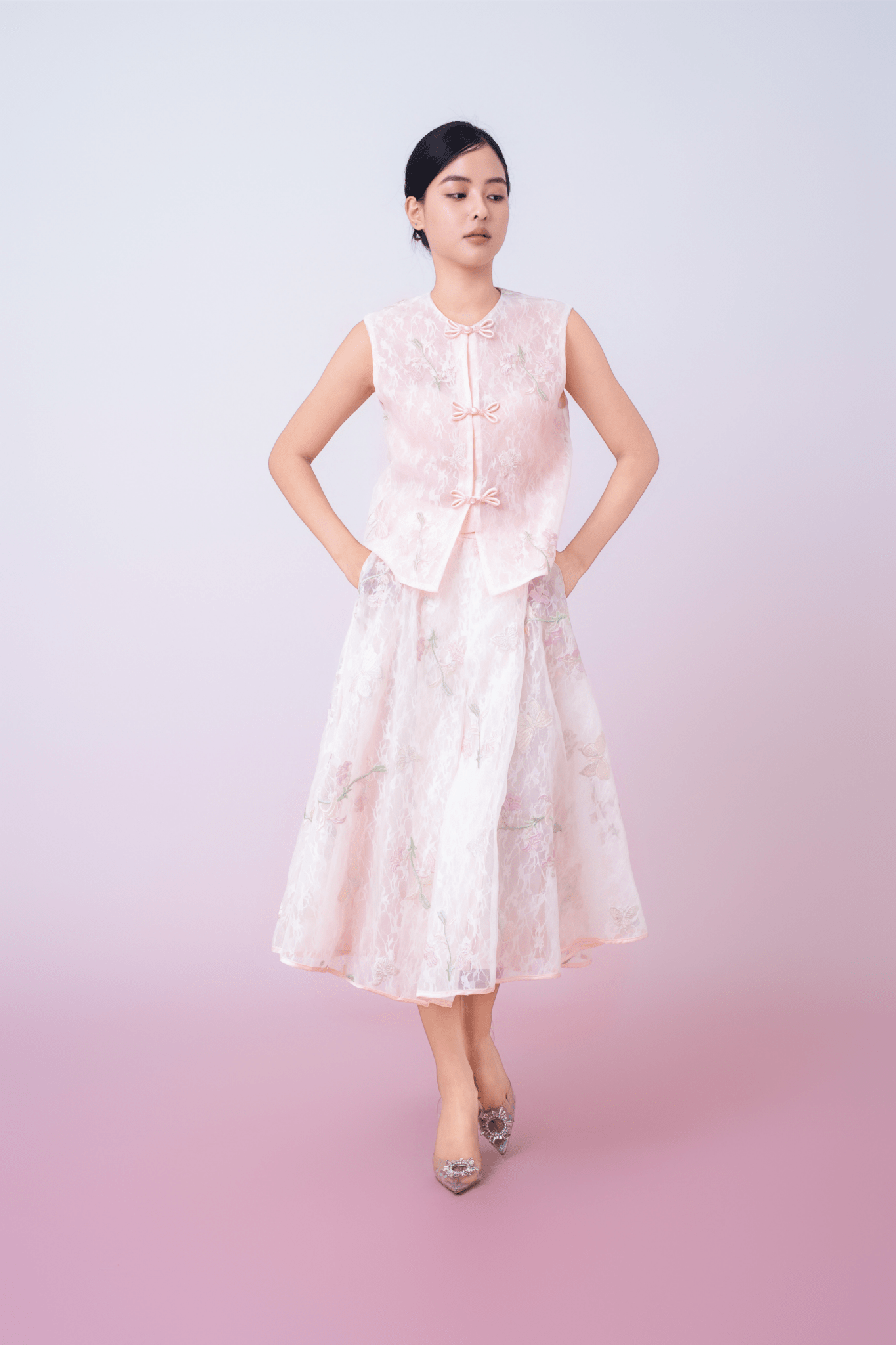 Kiera Light Pink Floral Embroidery A - Line Skirt - Nimisski