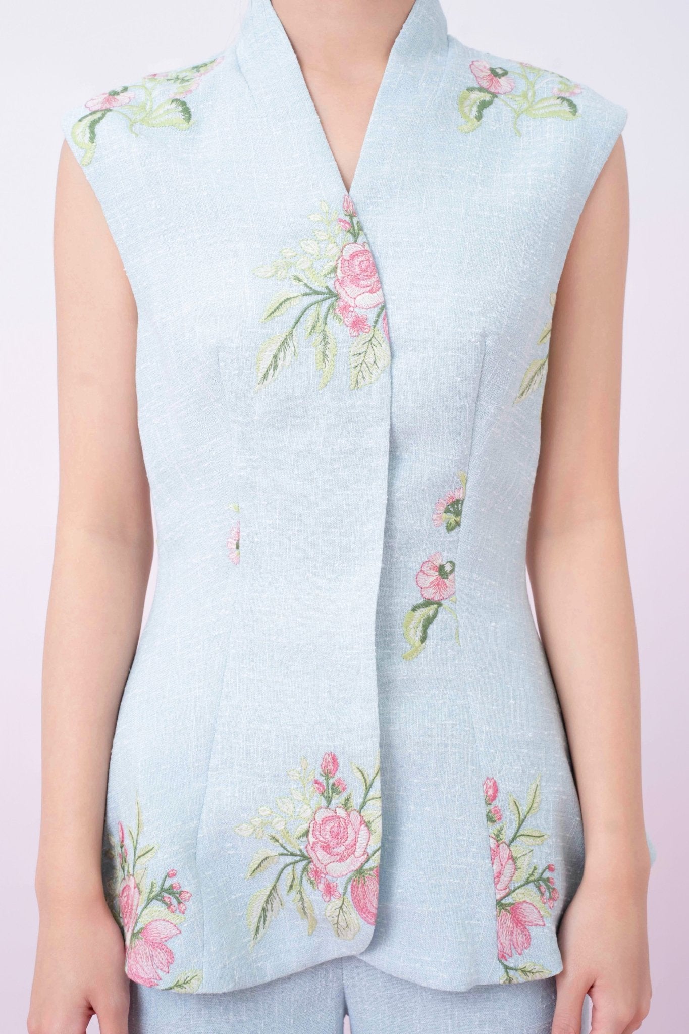 Katerina Light Blue With Floral Embroidered Peplum Top - Nimisski