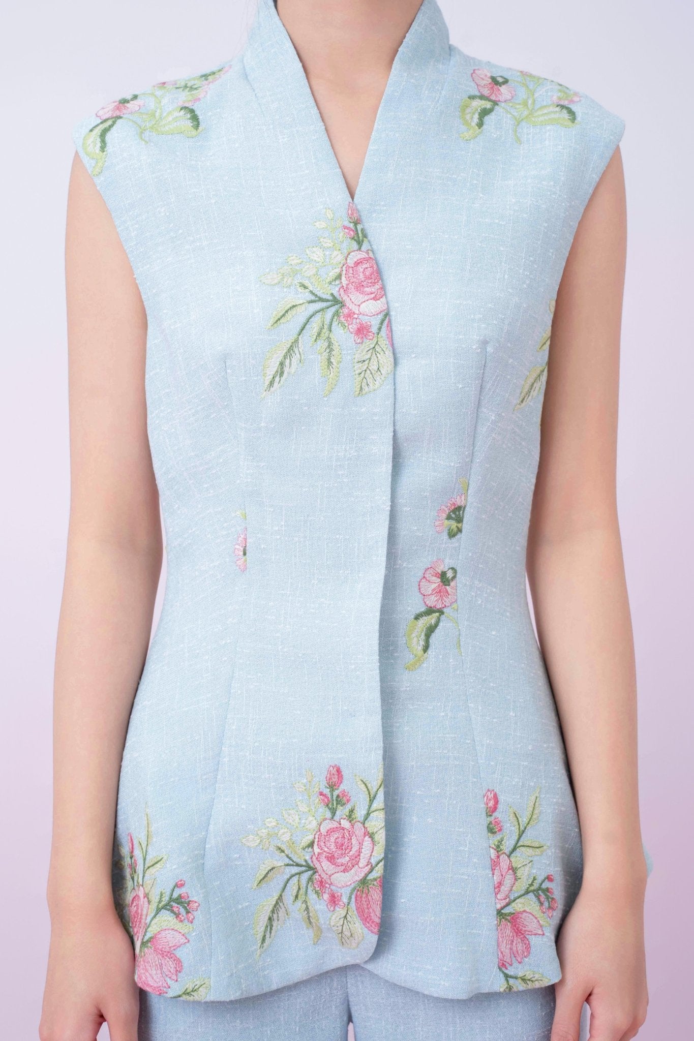 Katerina Light Blue With Floral Embroidered Peplum Top - Nimisski