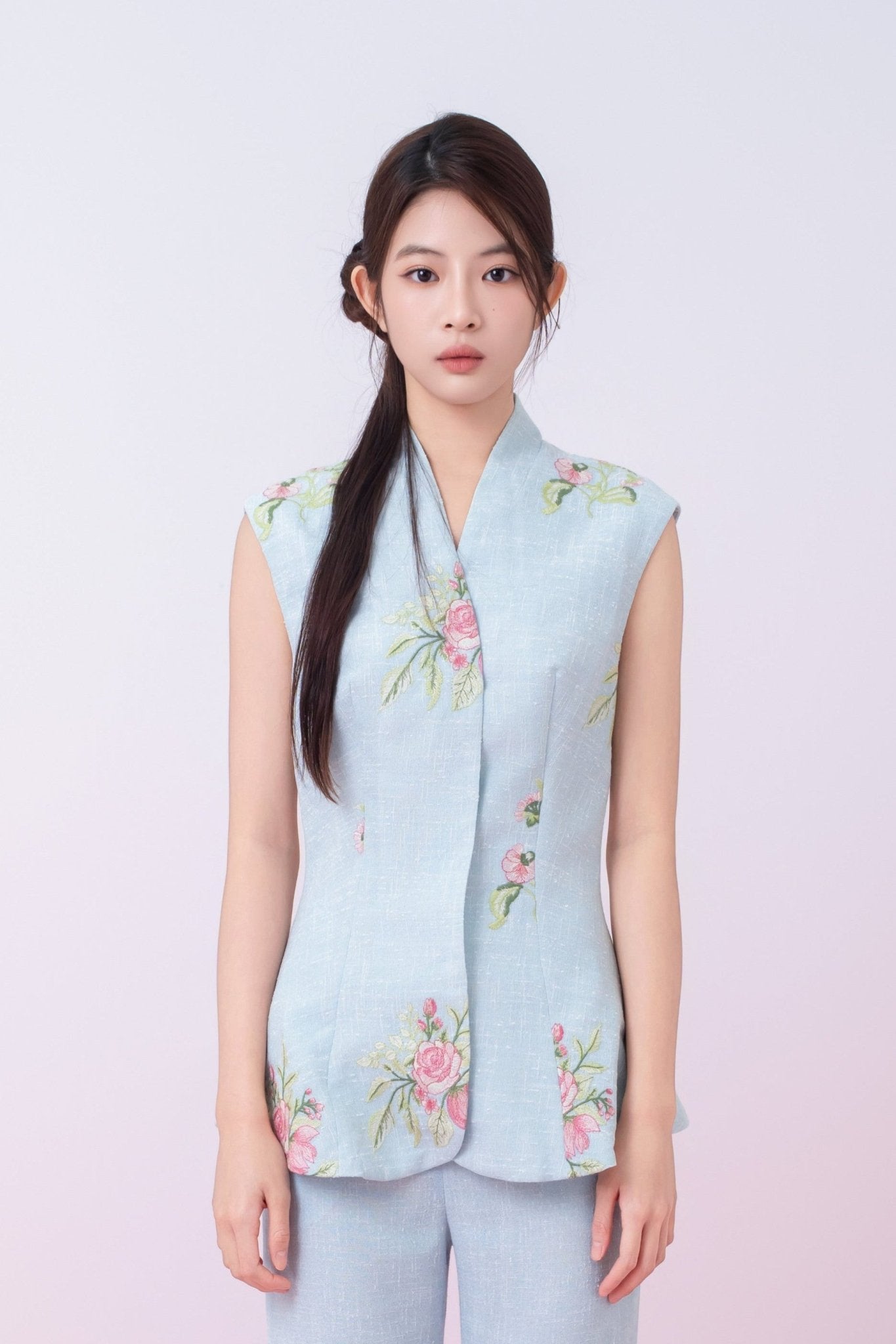 Katerina Light Blue With Floral Embroidered Peplum Top - Nimisski