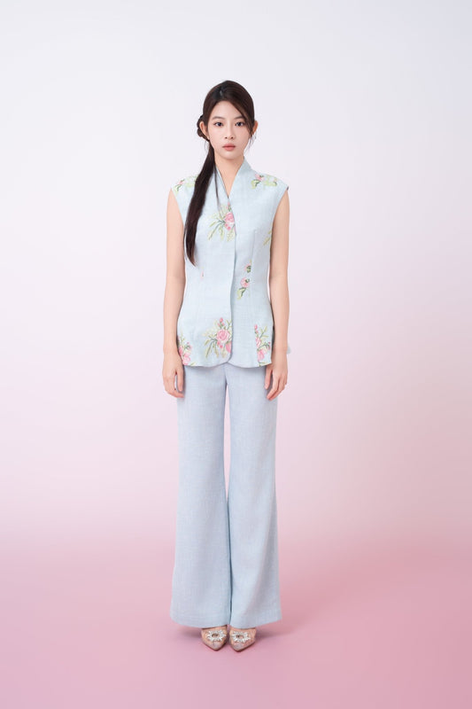 Katerina Light Blue With Floral Embroidered Peplum Top - Nimisski