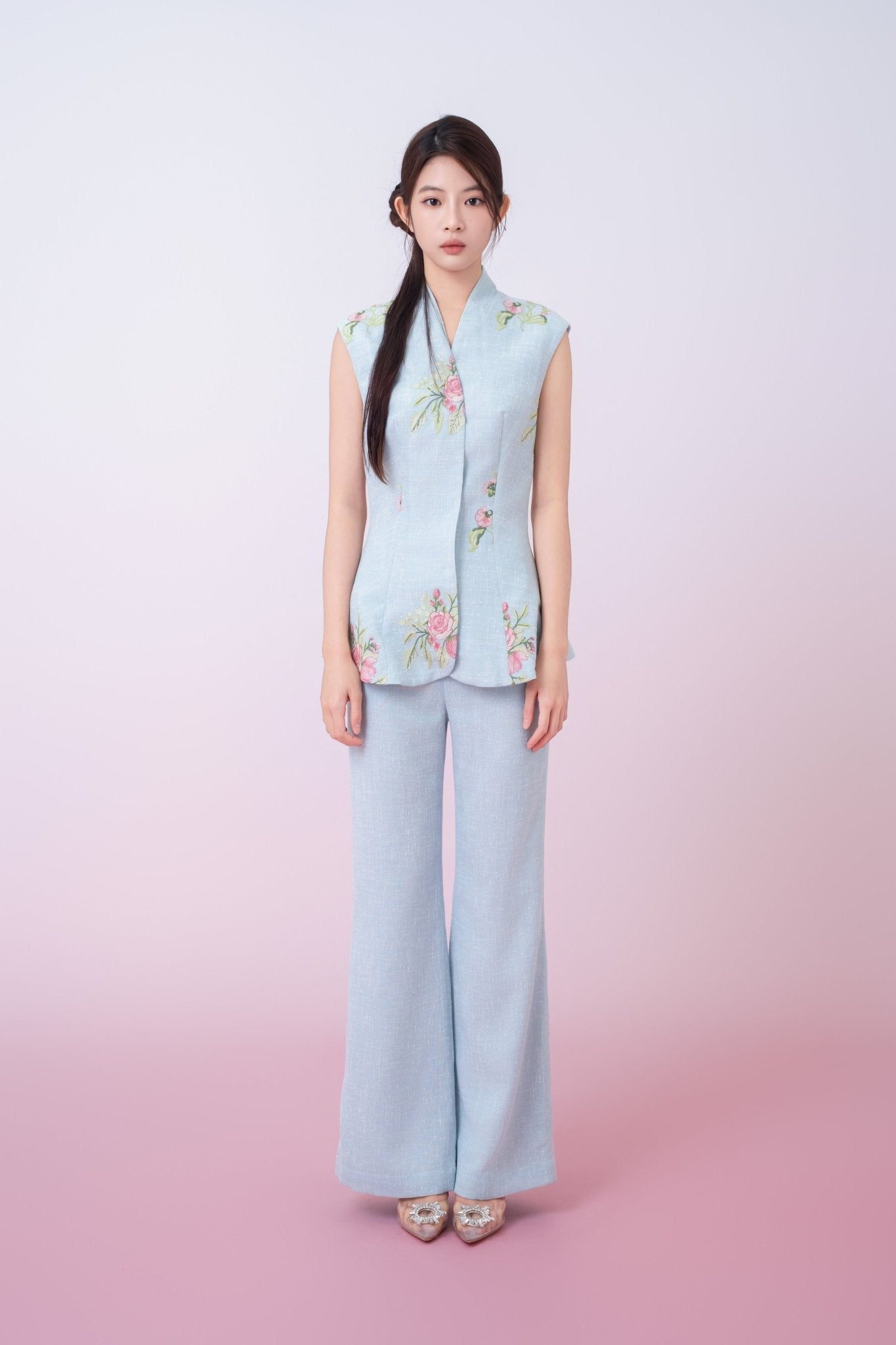 Katerina Light Blue With Floral Embroidered Peplum Top - Nimisski