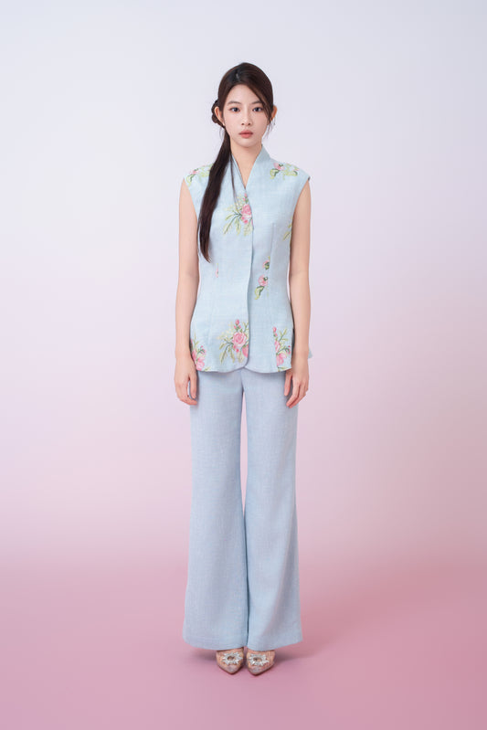 Katerina Light Blue With Floral Embroidered Peplum Top