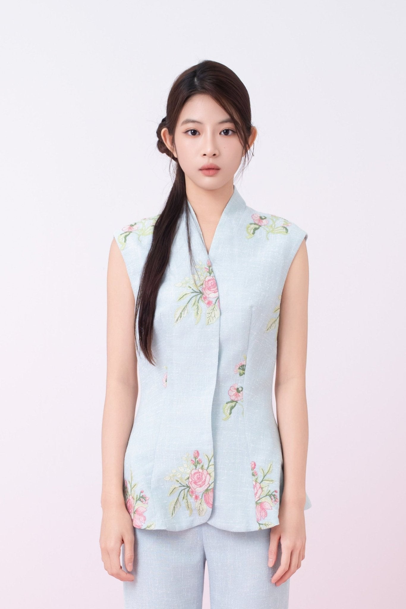Katerina Light Blue With Floral Embroidered Peplum Top - Nimisski