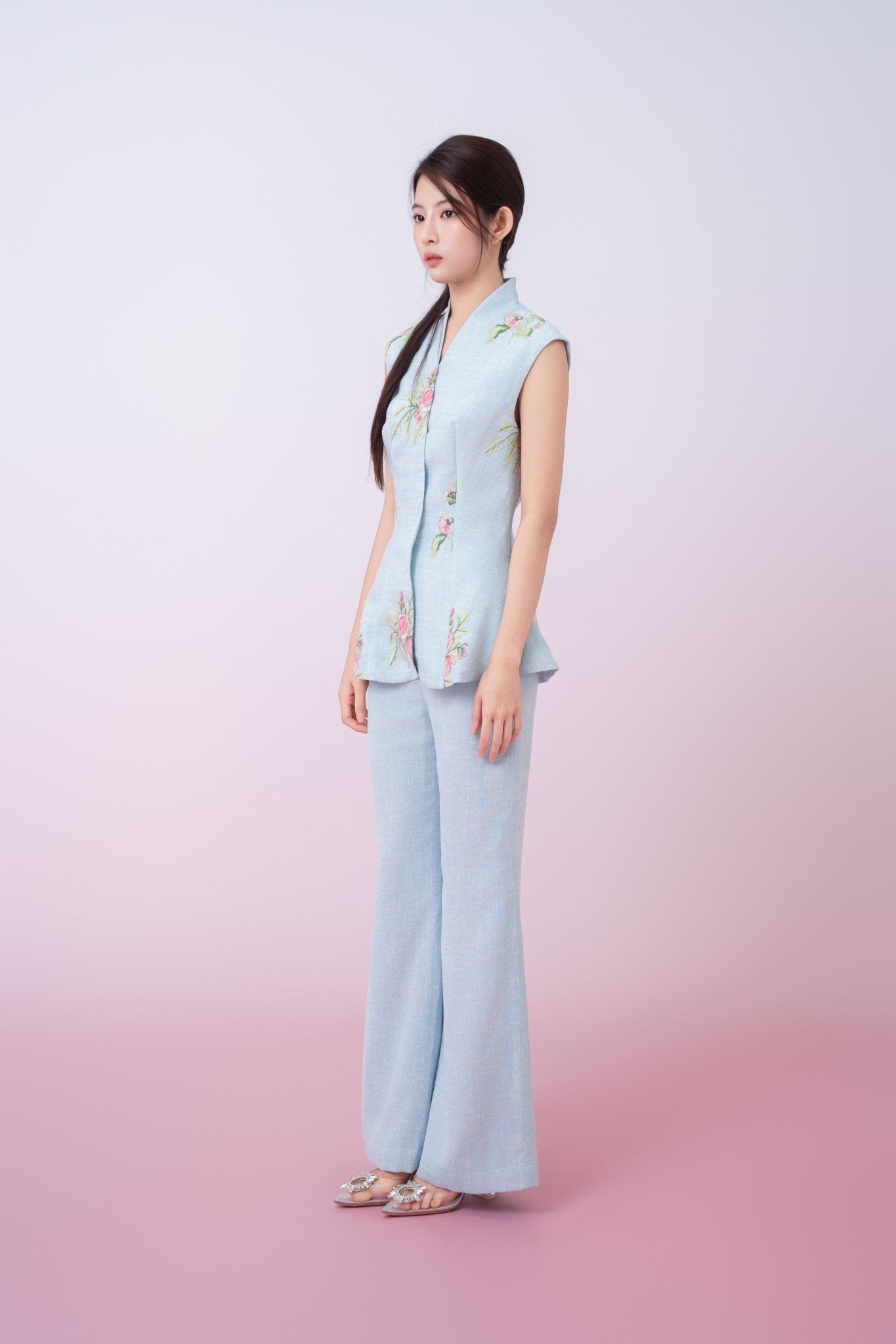 Katerina Light Blue With Floral Embroidered Peplum Top - Nimisski