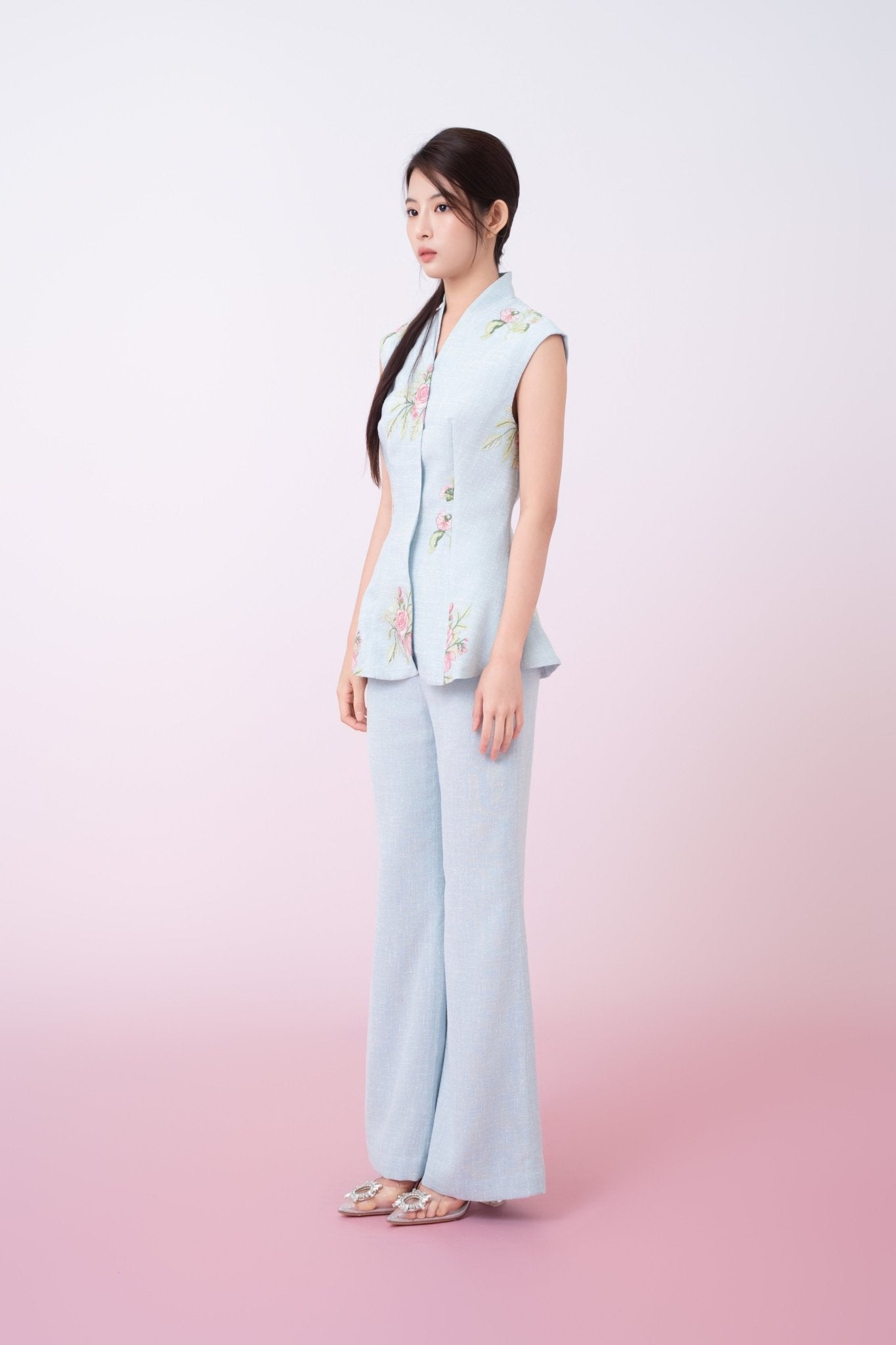 Katerina Light Blue With Floral Embroidered Peplum Top - Nimisski