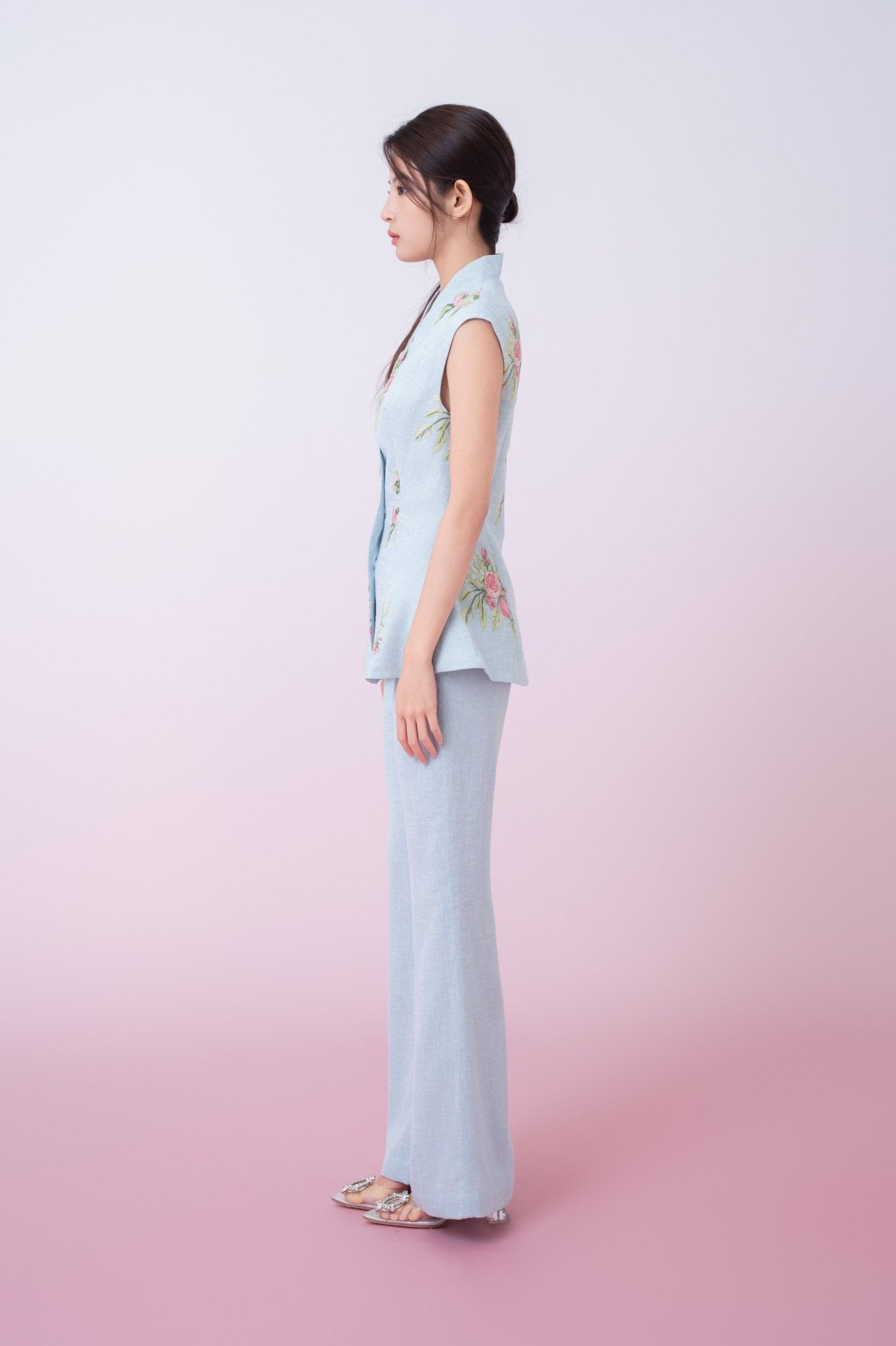 Katerina Light Blue With Floral Embroidered Peplum Top - Nimisski
