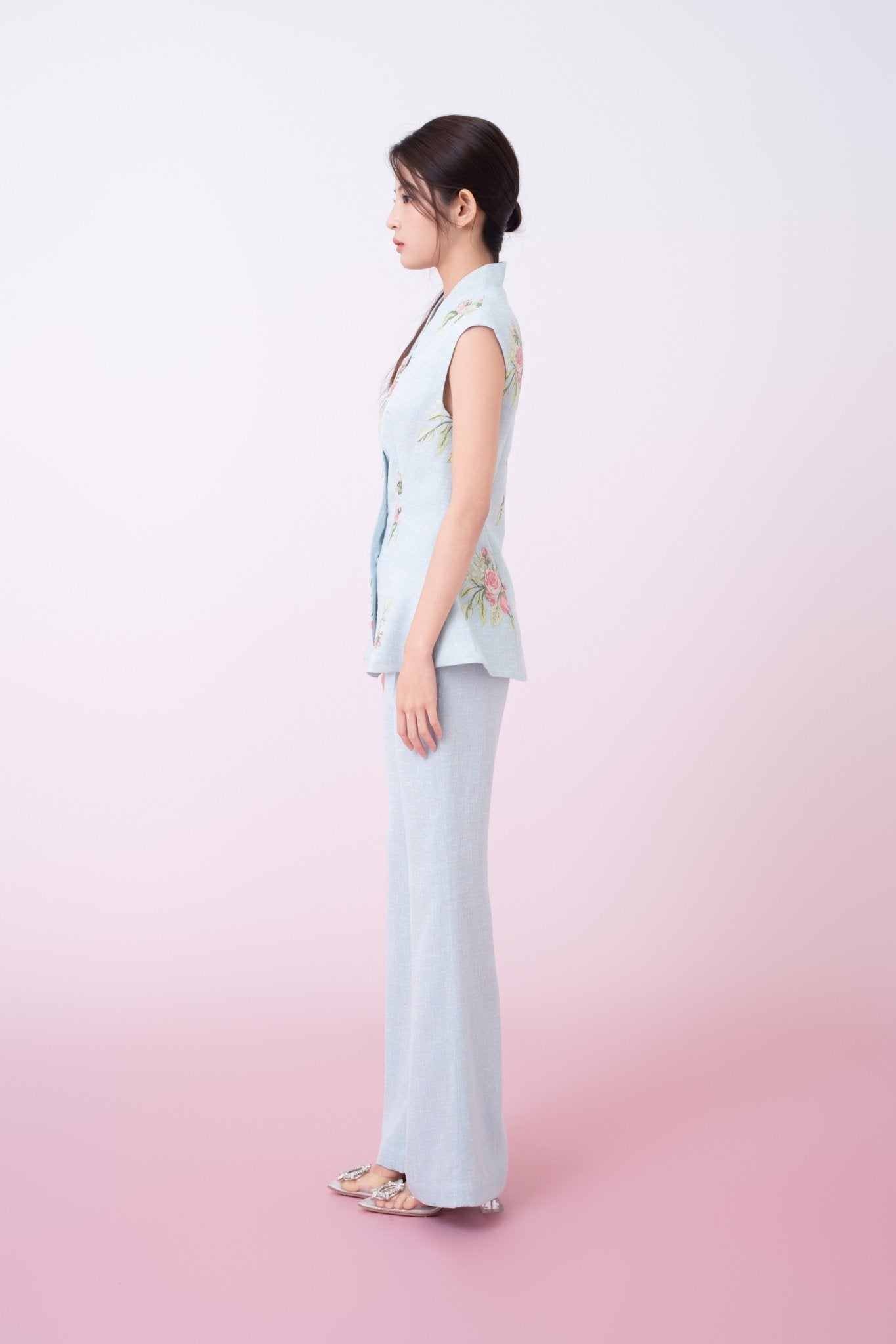 Katerina Light Blue With Floral Embroidered Peplum Top - Nimisski