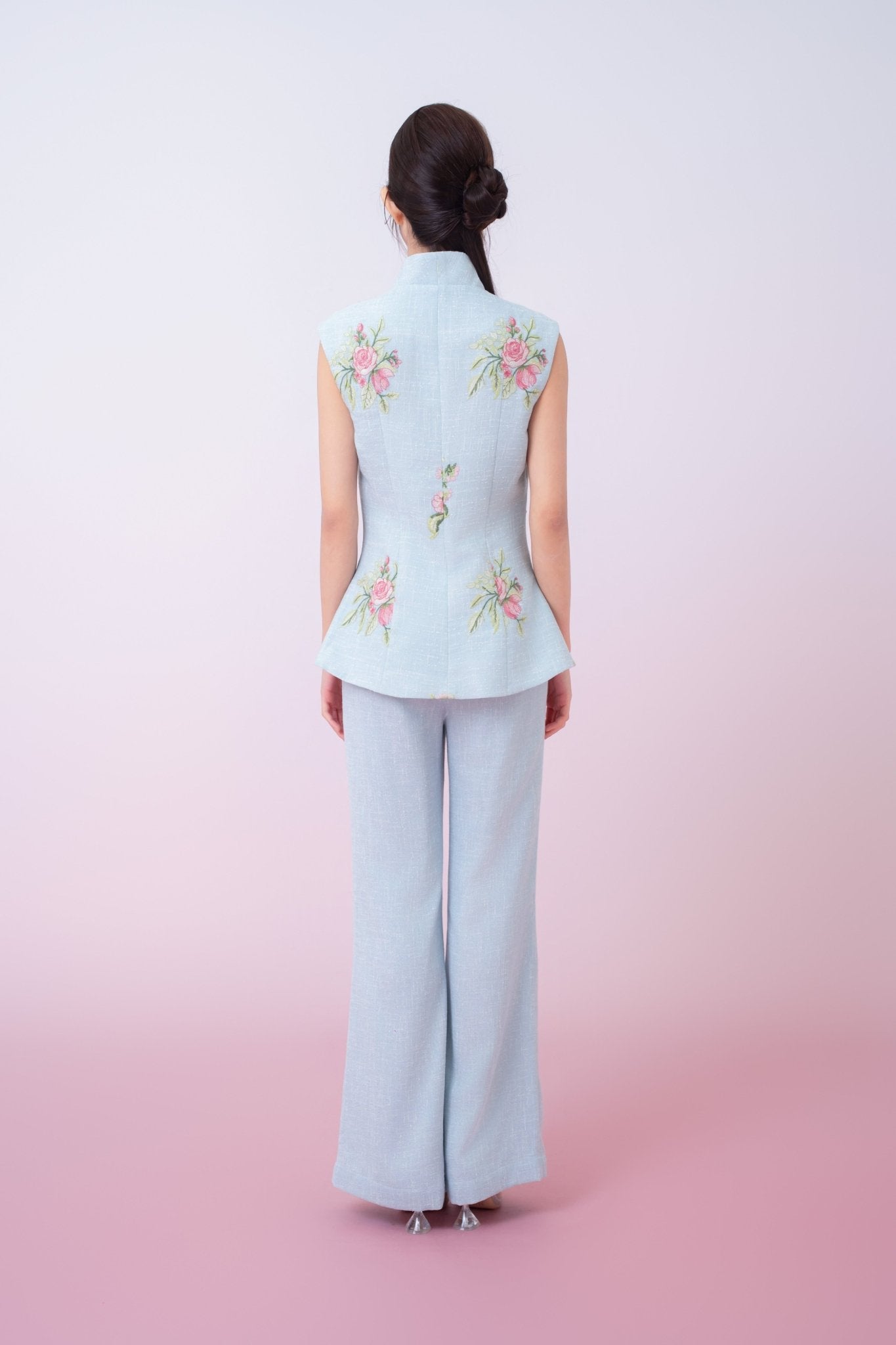 Katerina Light Blue With Floral Embroidered Peplum Top - Nimisski