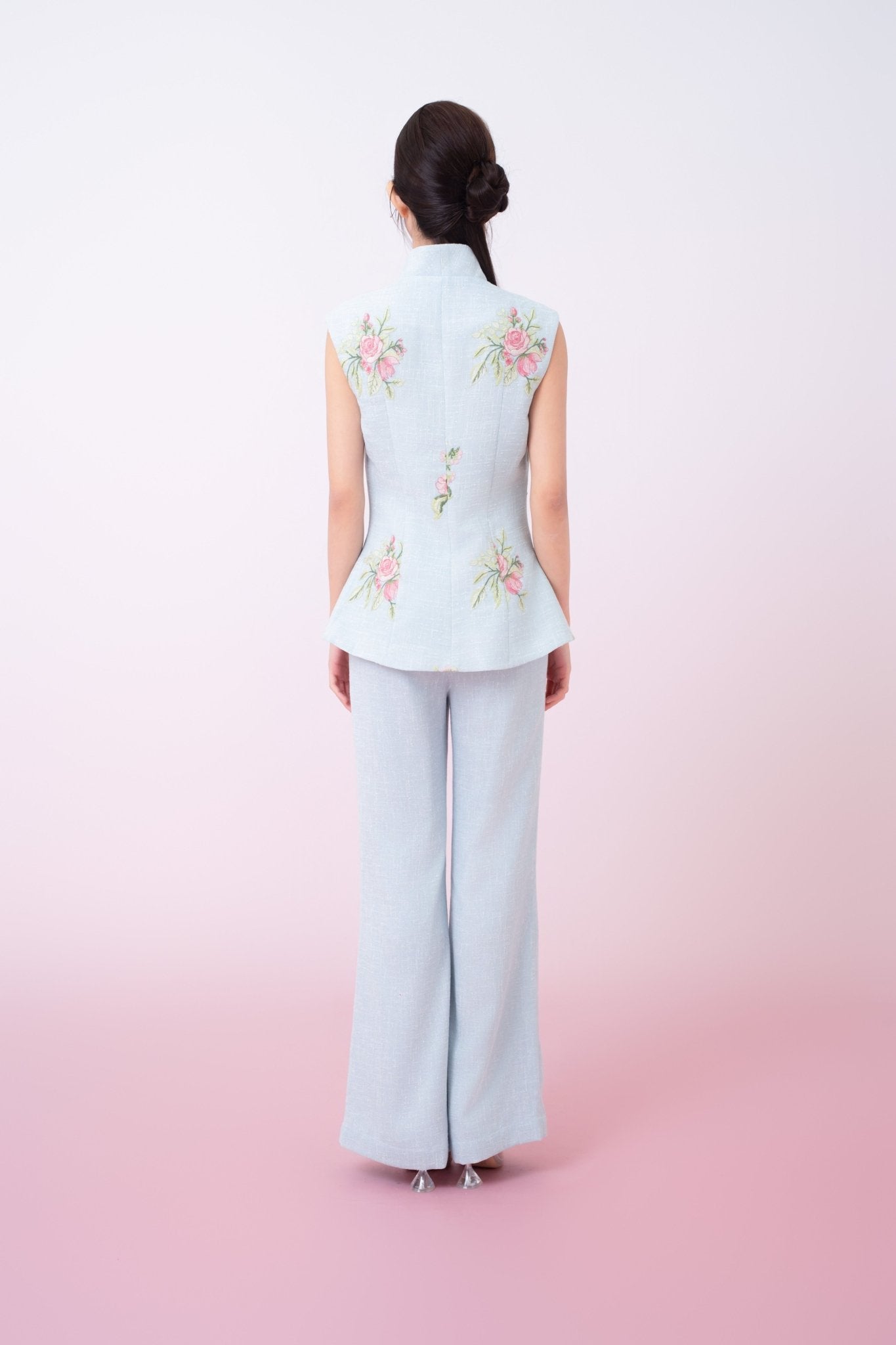 Katerina Light Blue With Floral Embroidered Peplum Top - Nimisski