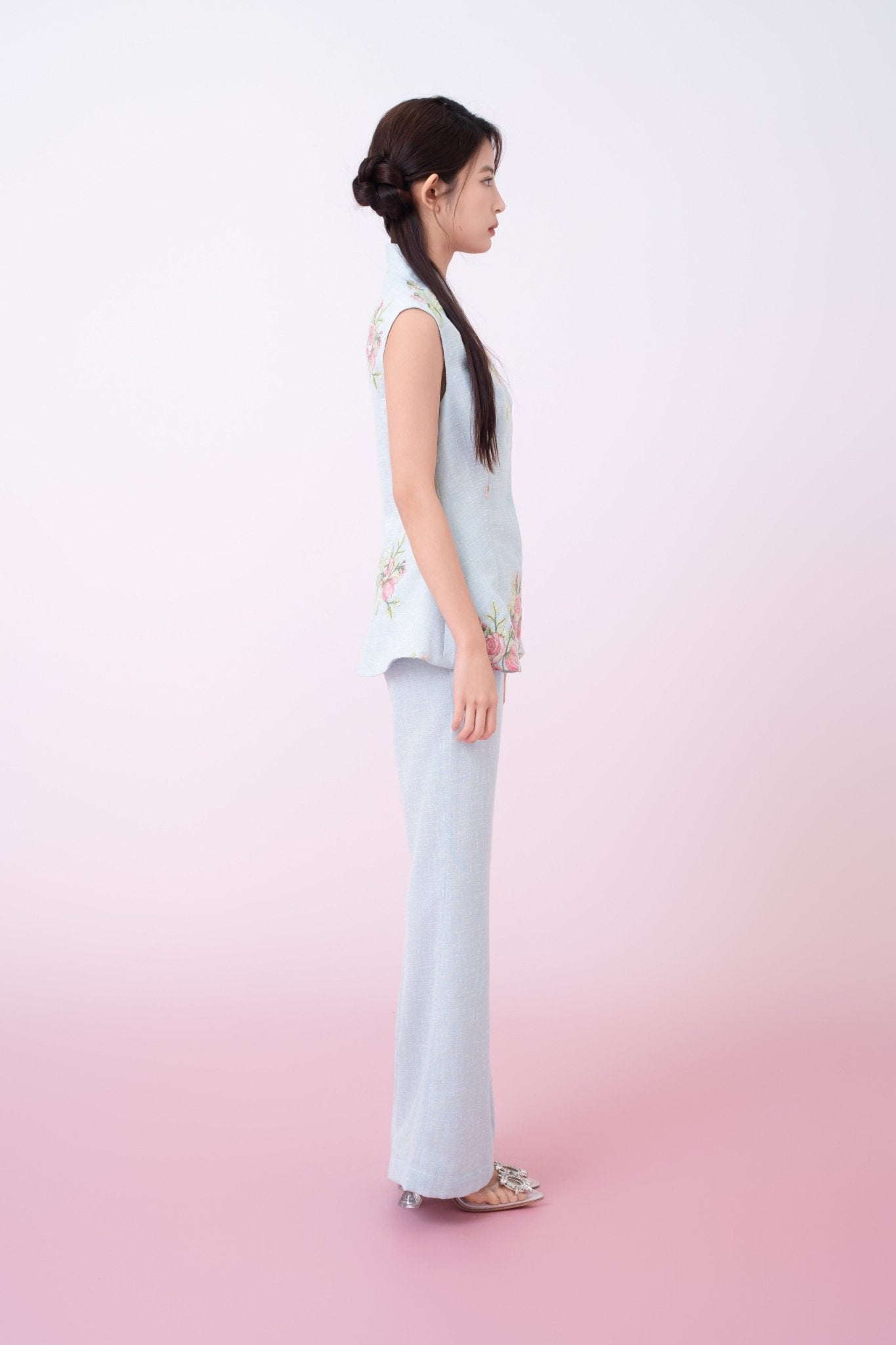 Katerina Light Blue With Floral Embroidered Peplum Top - Nimisski